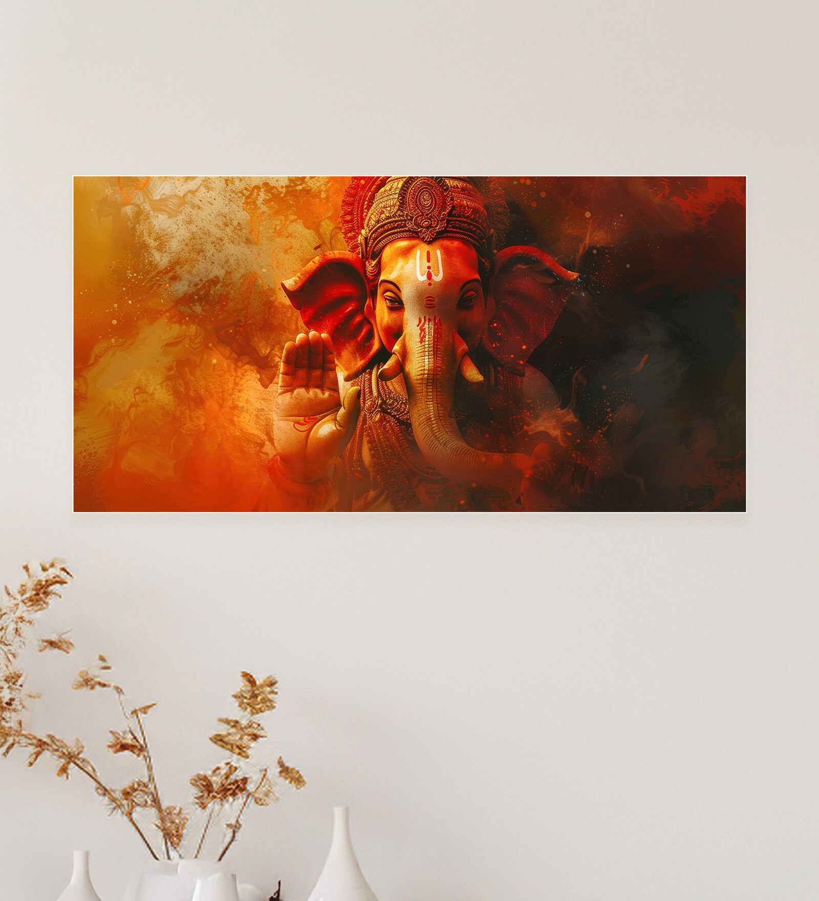 White Canvas Framed Majestic Ganesha on Orange Canvas Wall Painting(12X24 Inch)