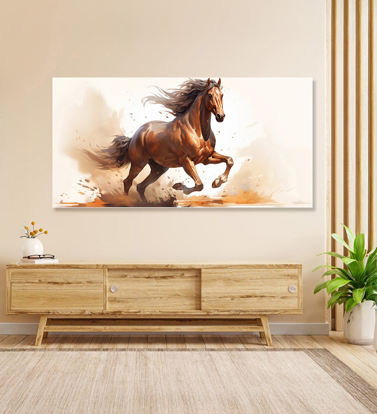 White Canvas Framed Majestic Horse Galloping Through Dust Wall Painting(18X36 Inch)