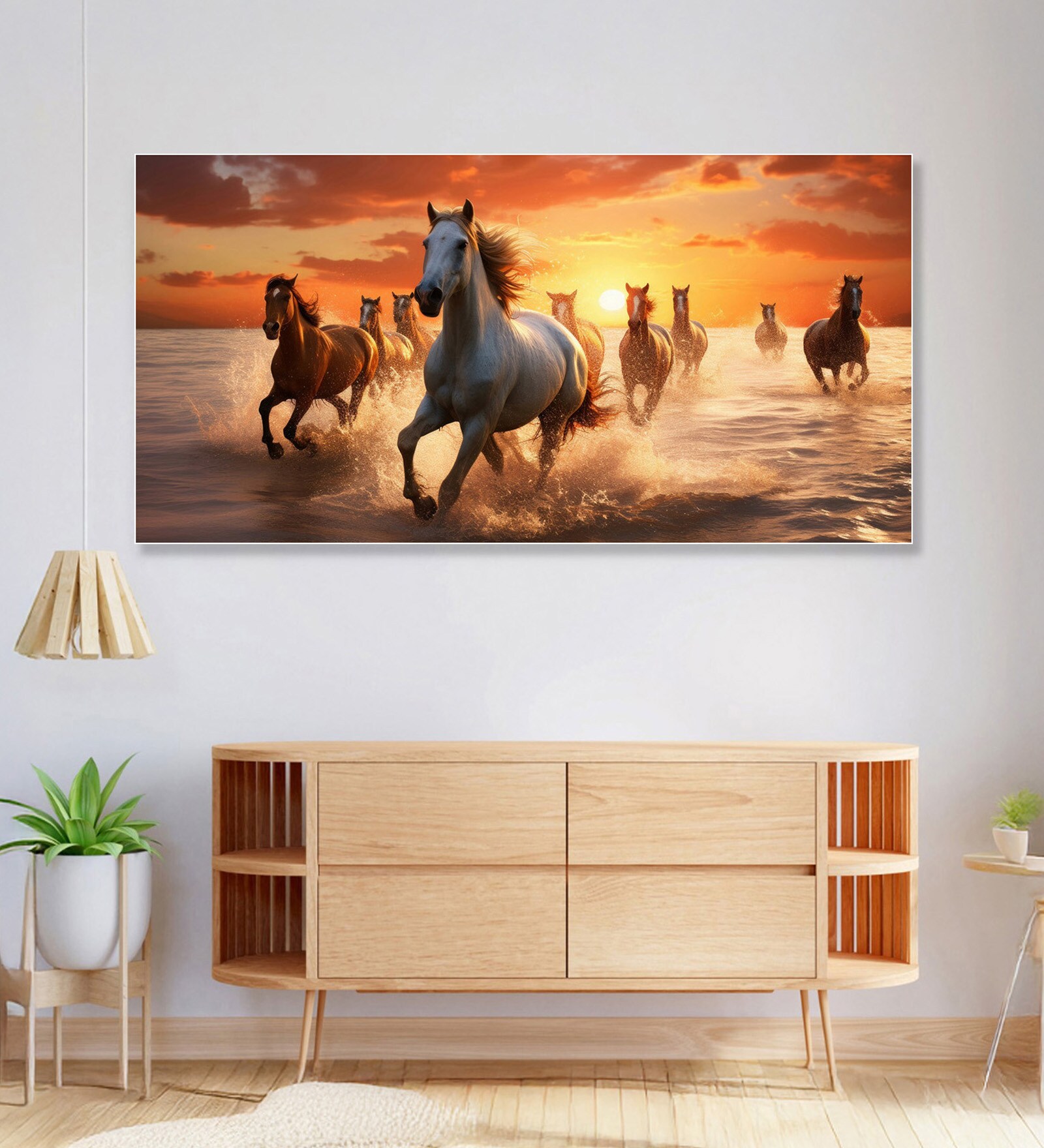 White Canvas Framed Majestic Horses Galloping at Sunset Wall Painting(18X36 Inch)