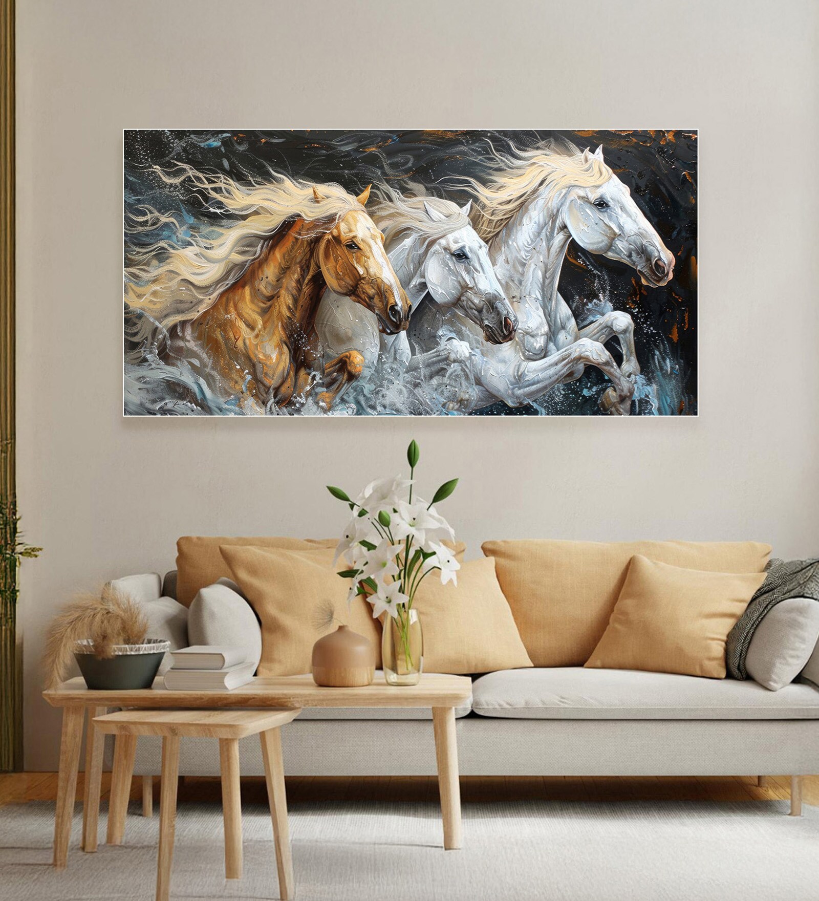 White Canvas Framed Majestic Horses Galloping Through Meadow Wall Painting(18X36 Inch)