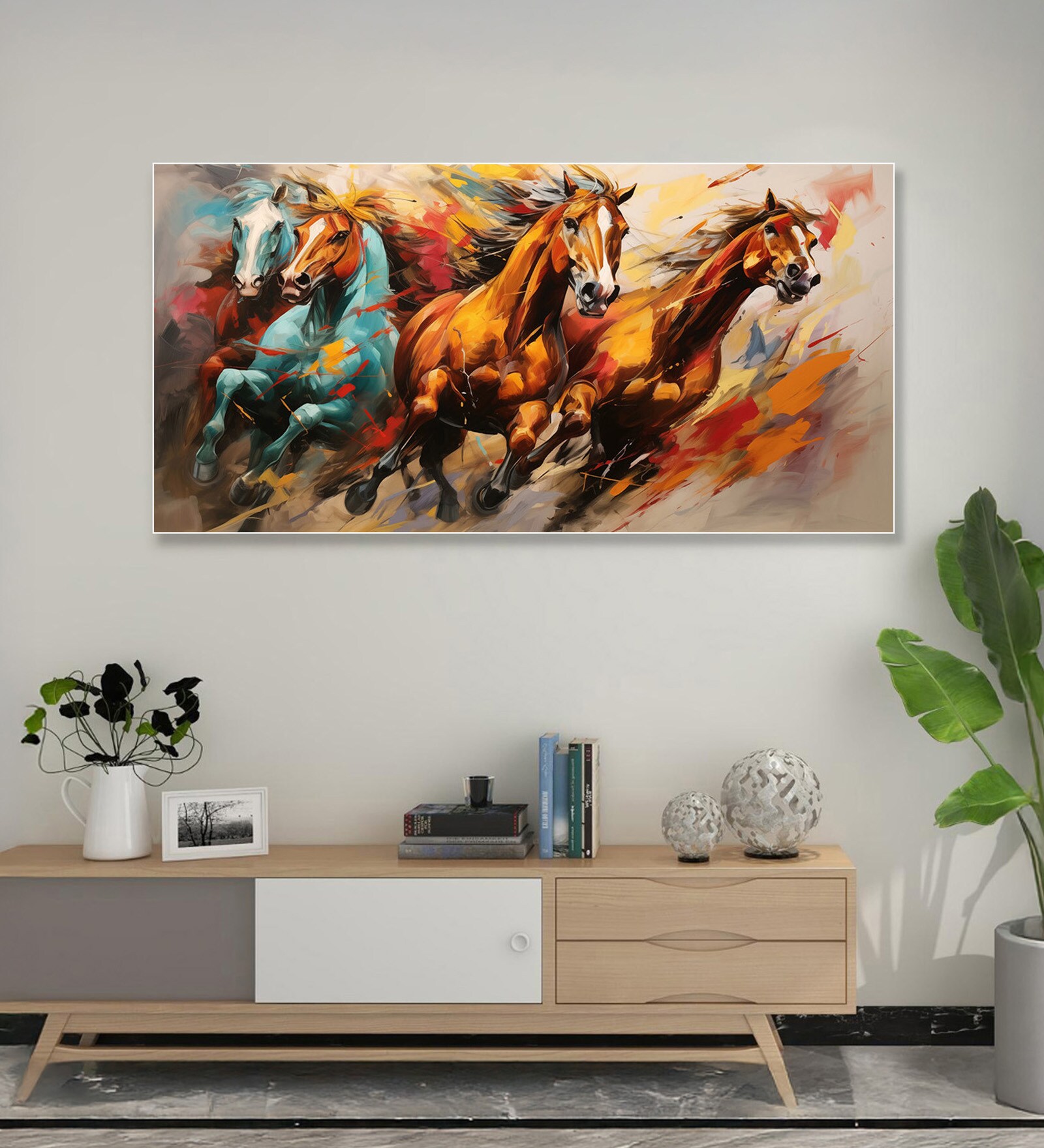 White Canvas Framed Majestic Horses in Ethereal Flight Wall Painting(12X24 Inch)