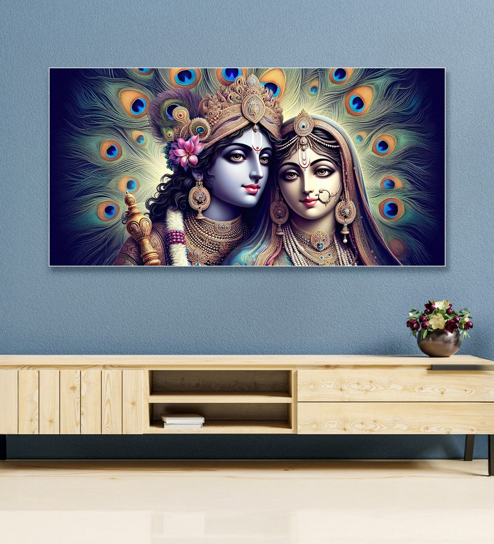 White Canvas Framed Radha Krishna: Colors of Love Wall Painting(12X24 Inch)