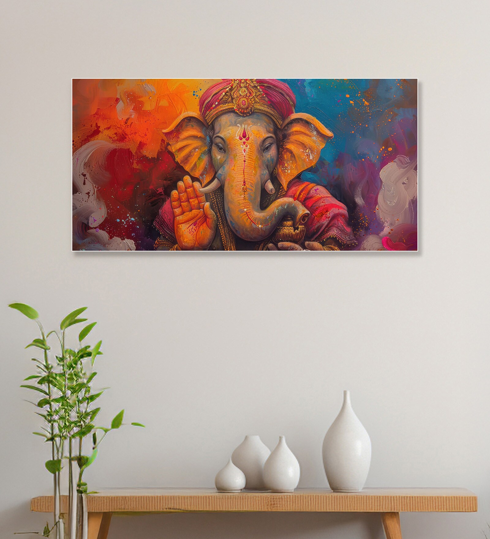 White Canvas Framed Vibrant Ganesha Artistry in Color Wall Painting(12X24 Inch)