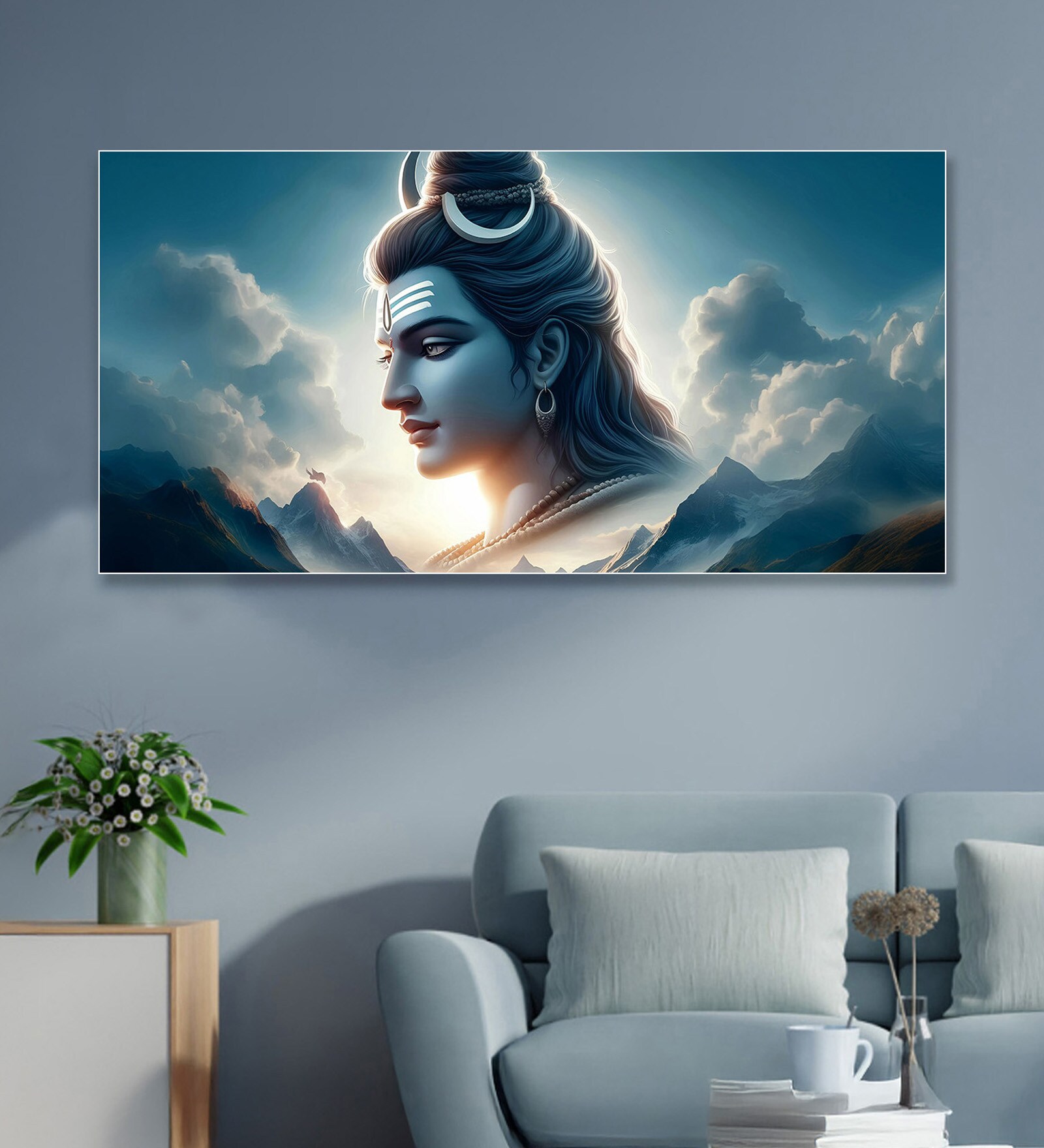 White Canvas Framed Vibrant Lord Shiva Divine Art Wall Painting(24X48 Inch)