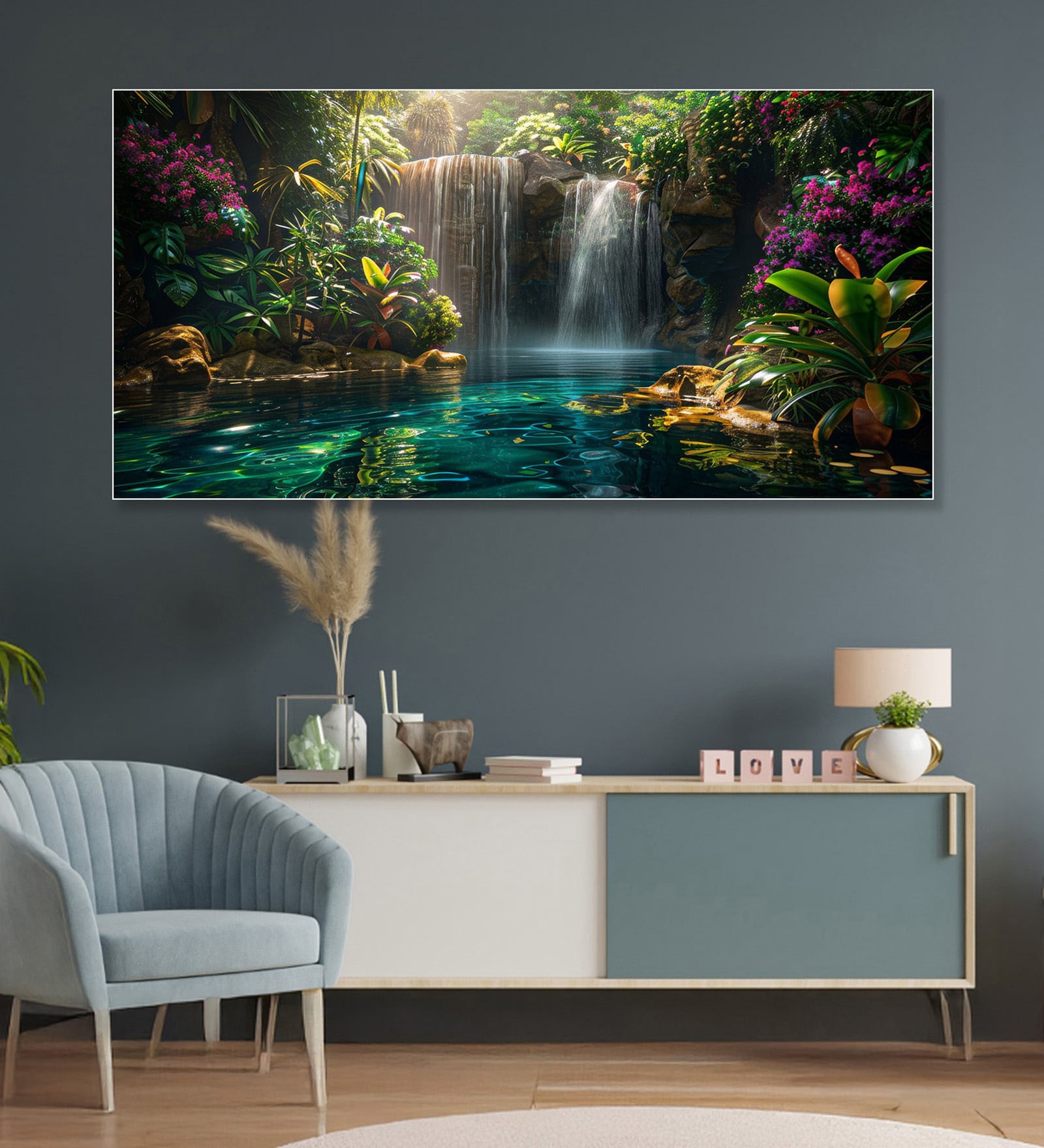 White Canvas Framed Woodland Waterfall Serenity Wall Painting(18X36 Inch)