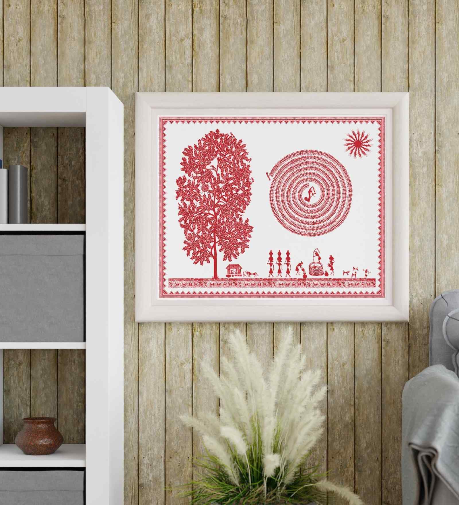 White Canvas Printed Warli Framed Art
