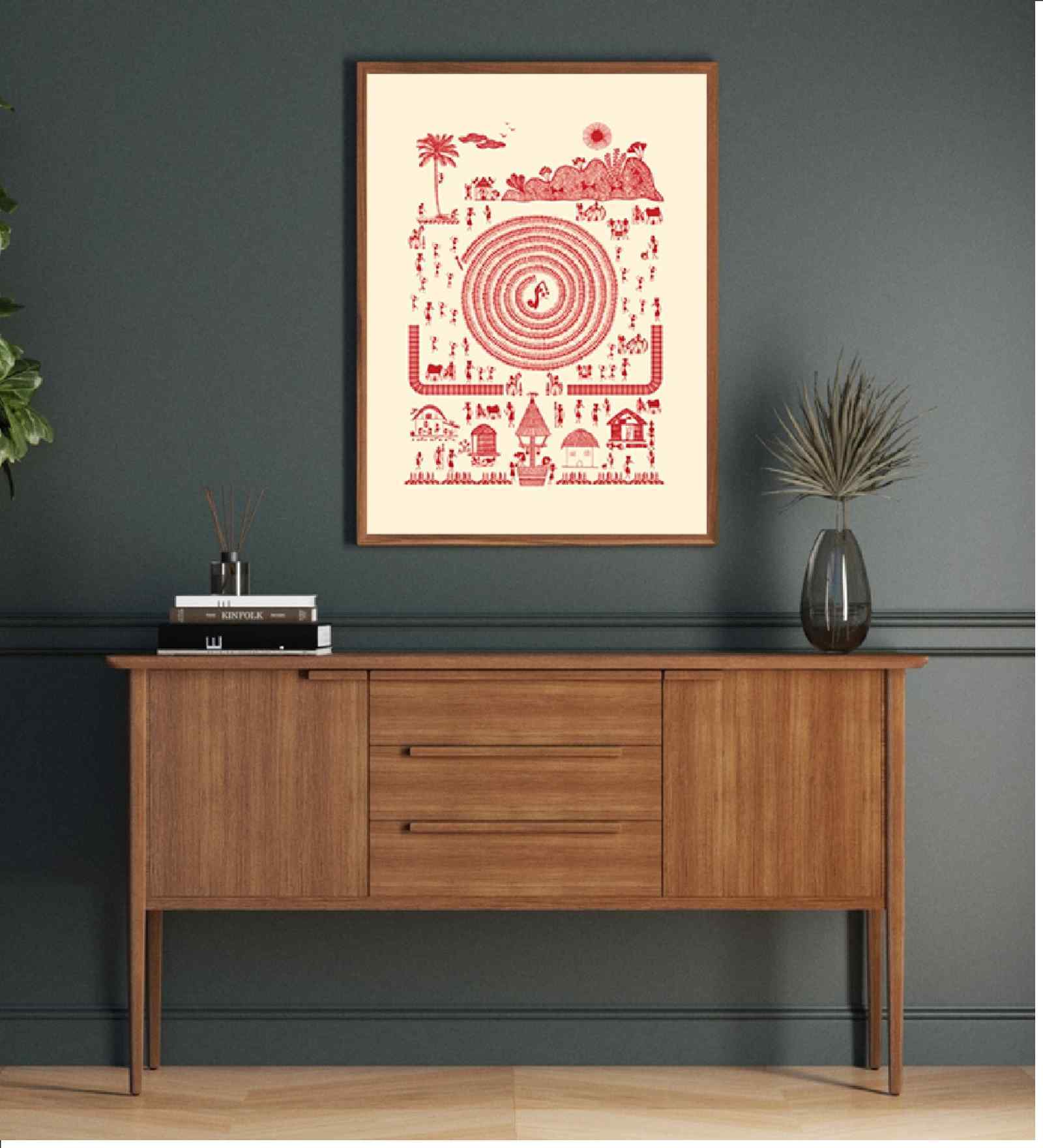 White Canvas Printed Warli Framed Art