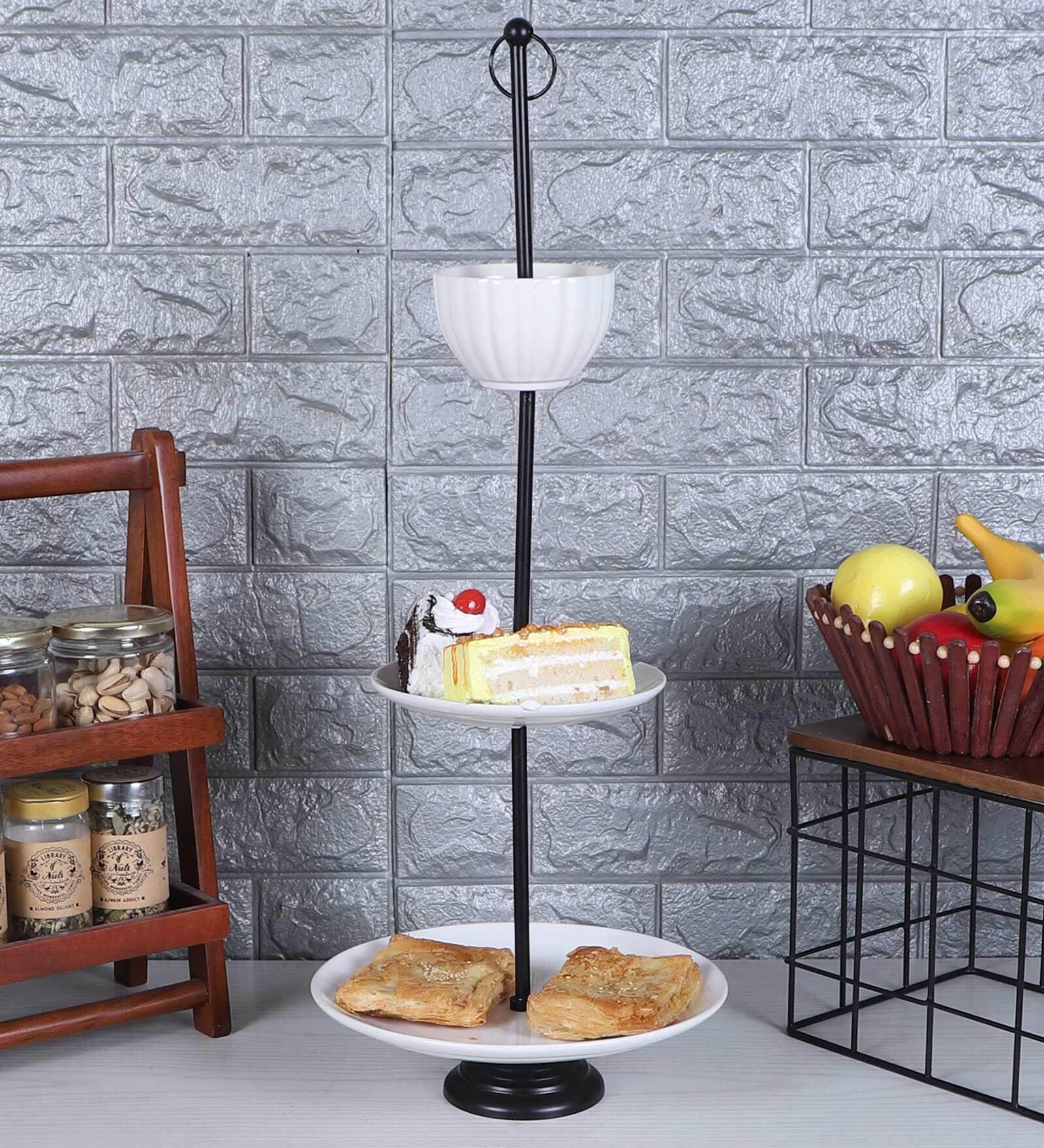 Ceramic Three Tier White & Gold Platter with Bowl