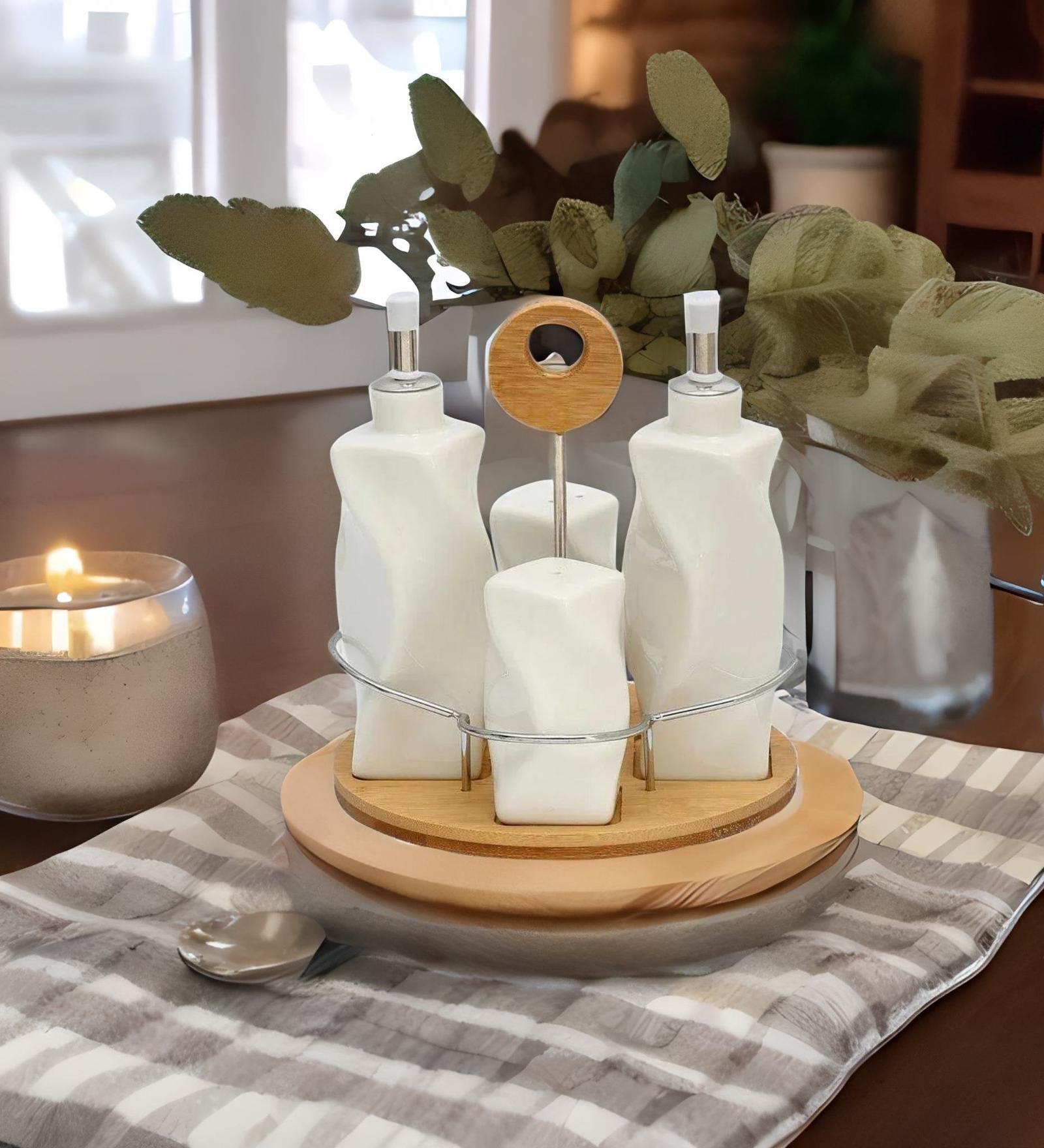 White Ceramic 4Pcs Condiments Sets With Tray