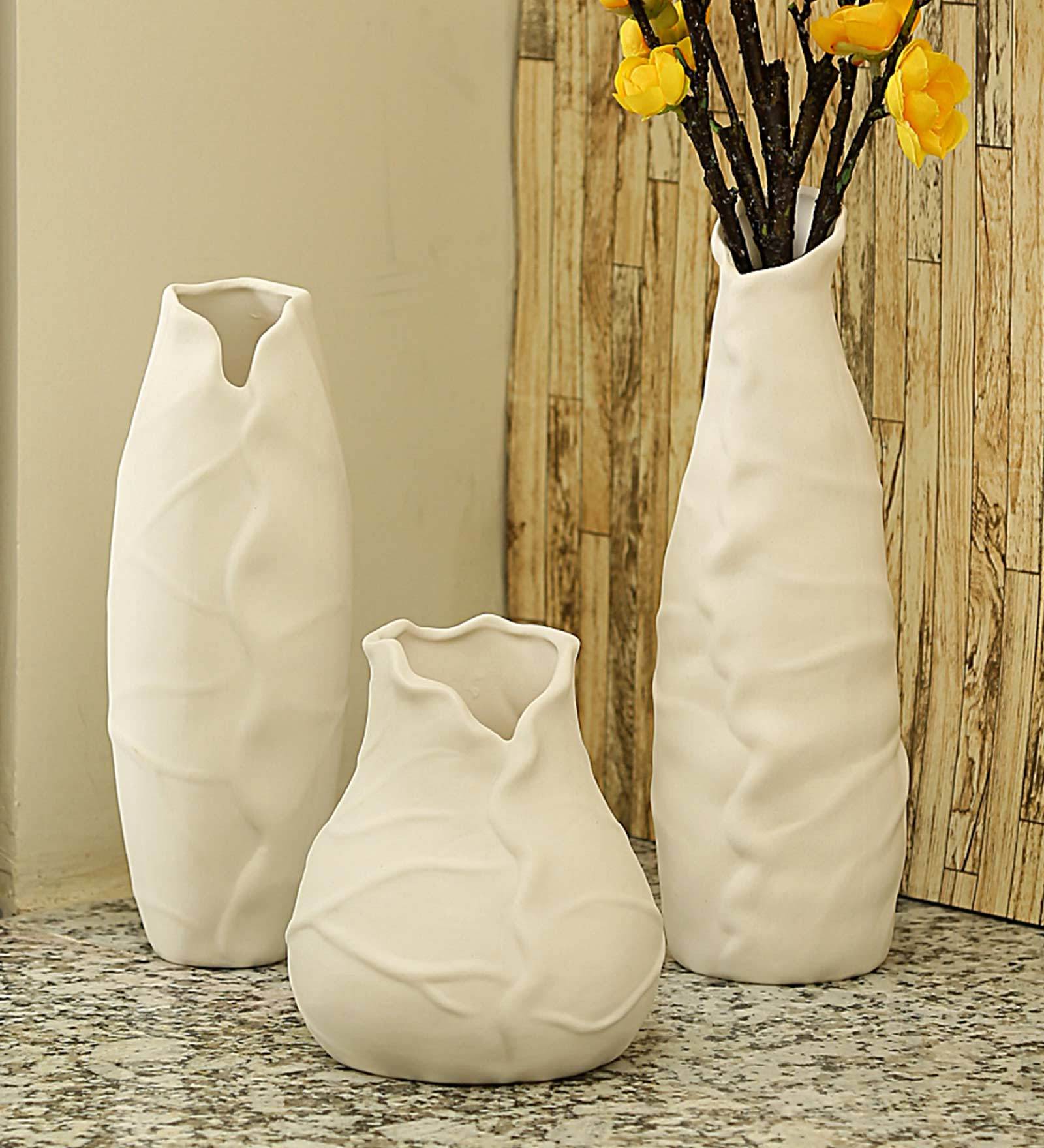 Buy White Beautiful Curvy Flower Ceramic Vase, Set of 3 by Aapno