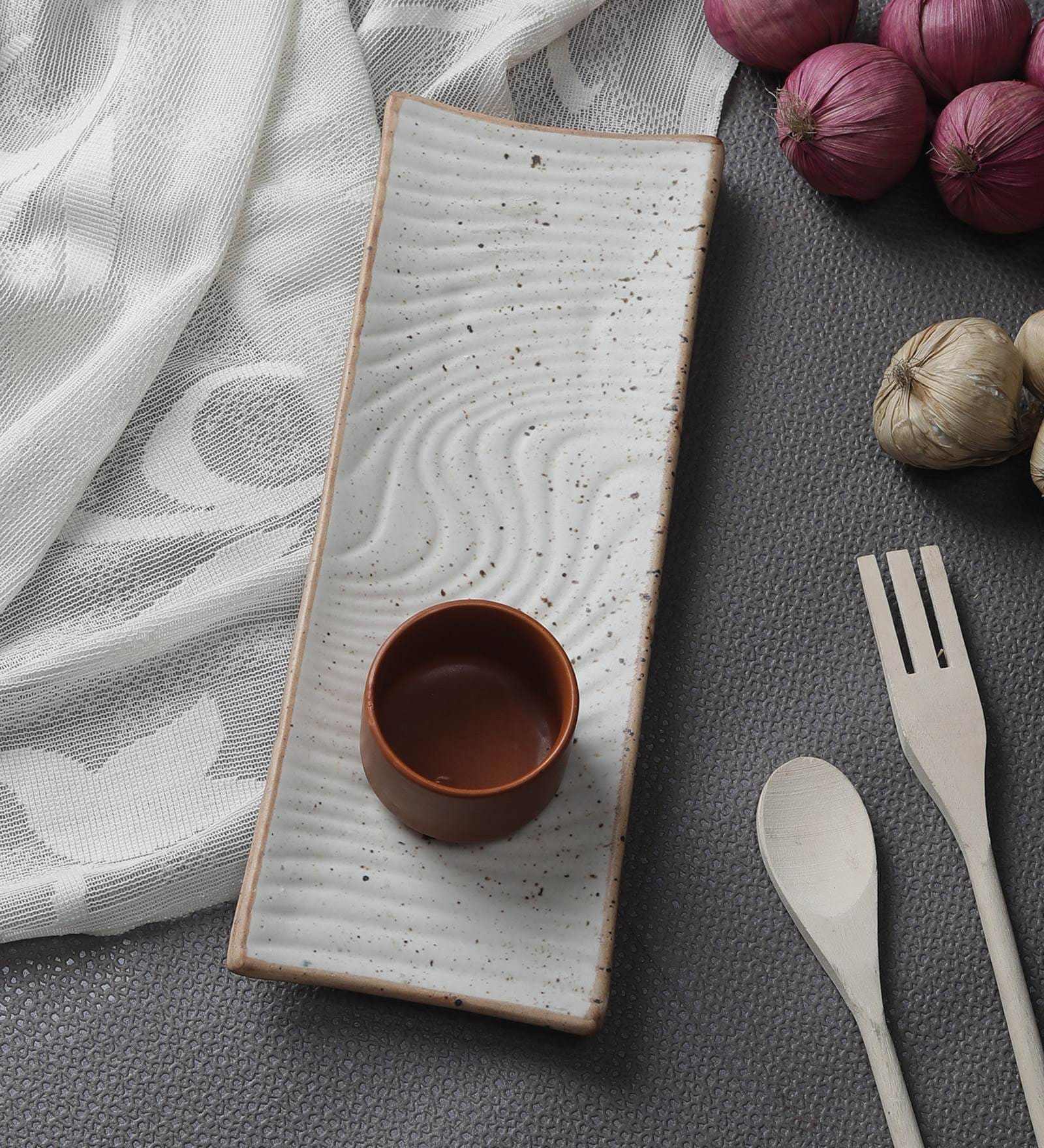 Rectangle Ceramic Serving Platters (Set of 2) with Dip Bowl