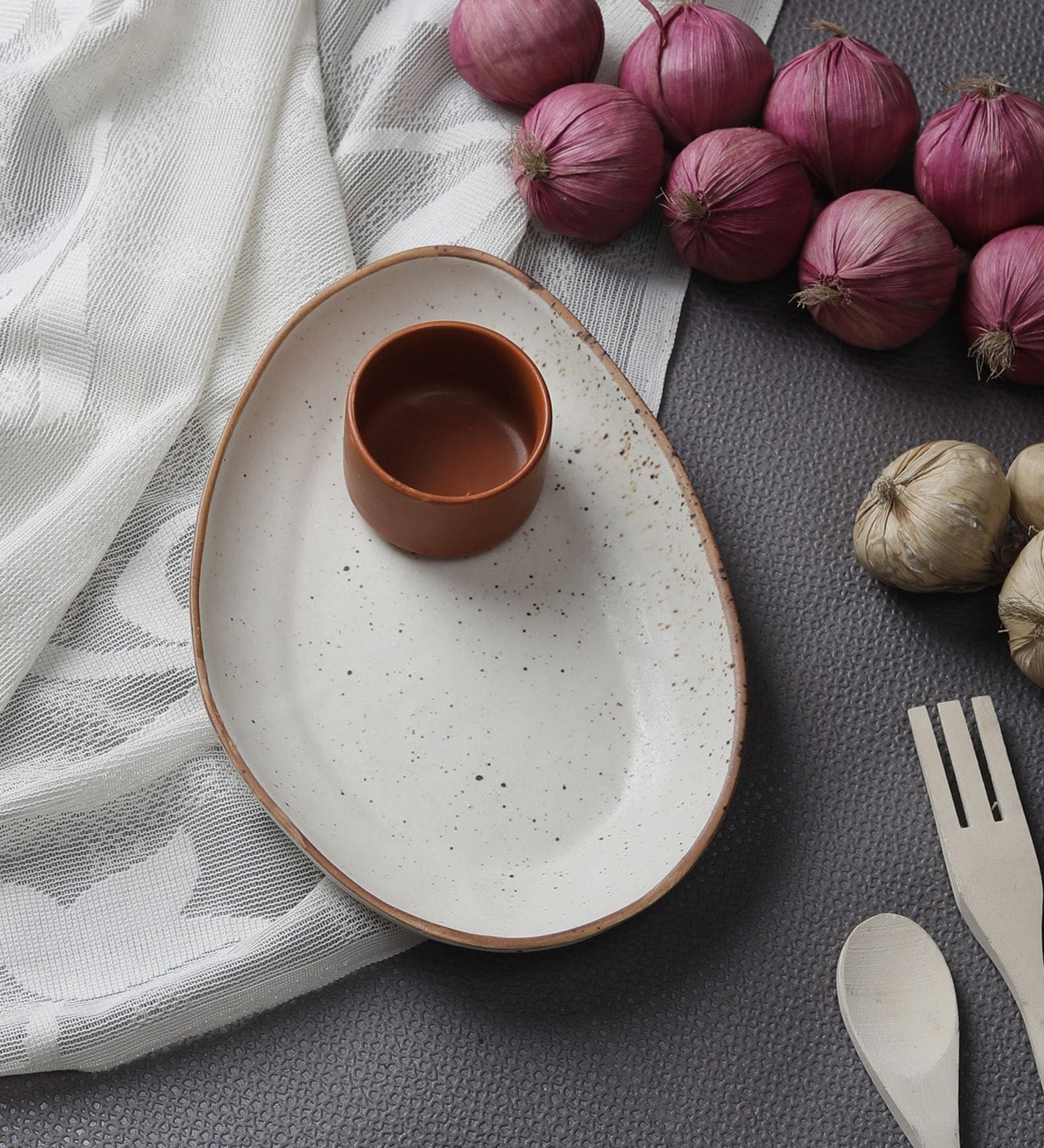 Oval White 10 Inch Ceramic (Set of 2) Appetizer Platter with Dip Bowl