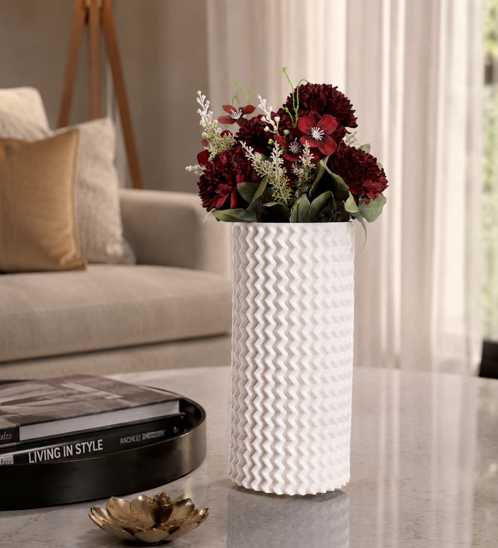 White Ceramic Zig Zag Blossom 3D Vase