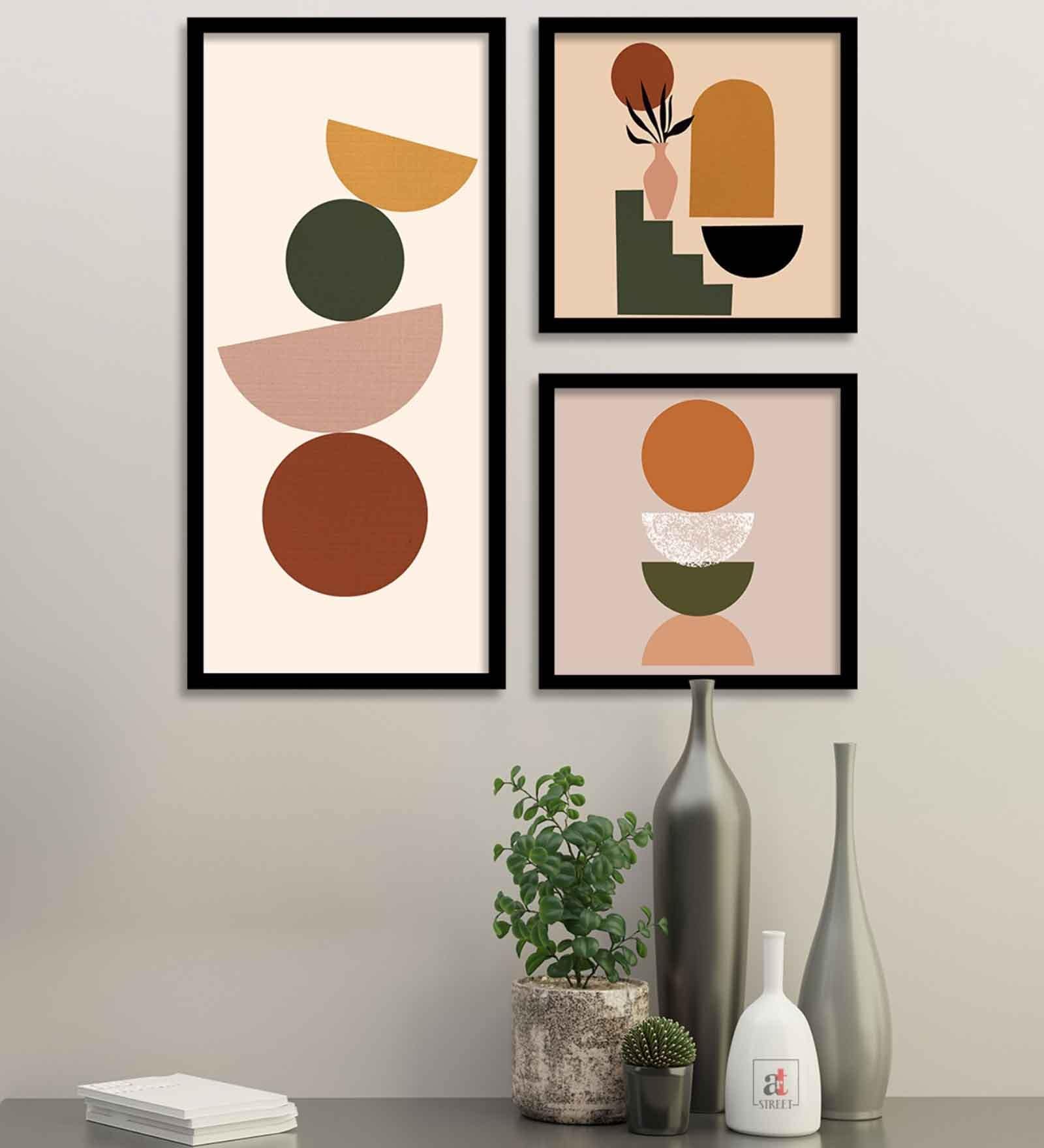 Classic Motif Engineered Wood Framed Abstract Art Prints (Set of 3)