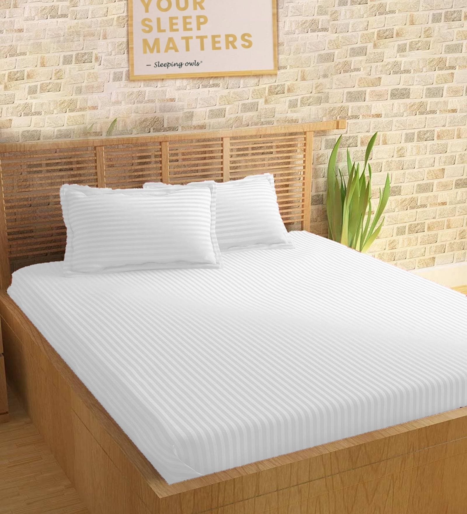 White 210TC Cotton stripe 1 Super King Bedsheet with 2 Pillow Covers