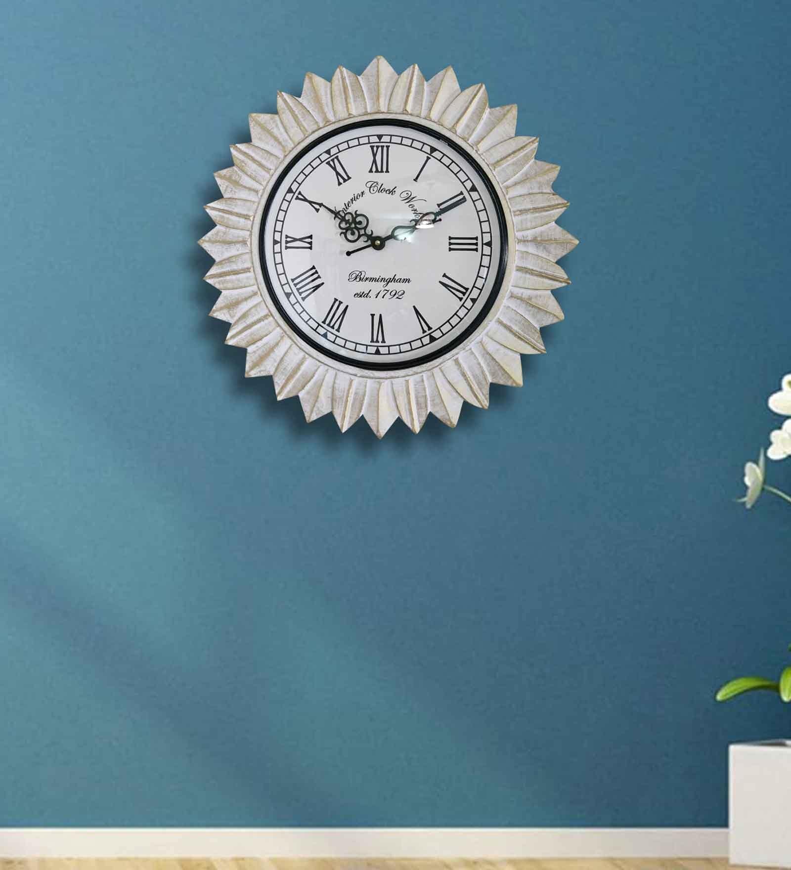 White Colour Engineered Wood Distress Finish Sun Flower Wall Clock