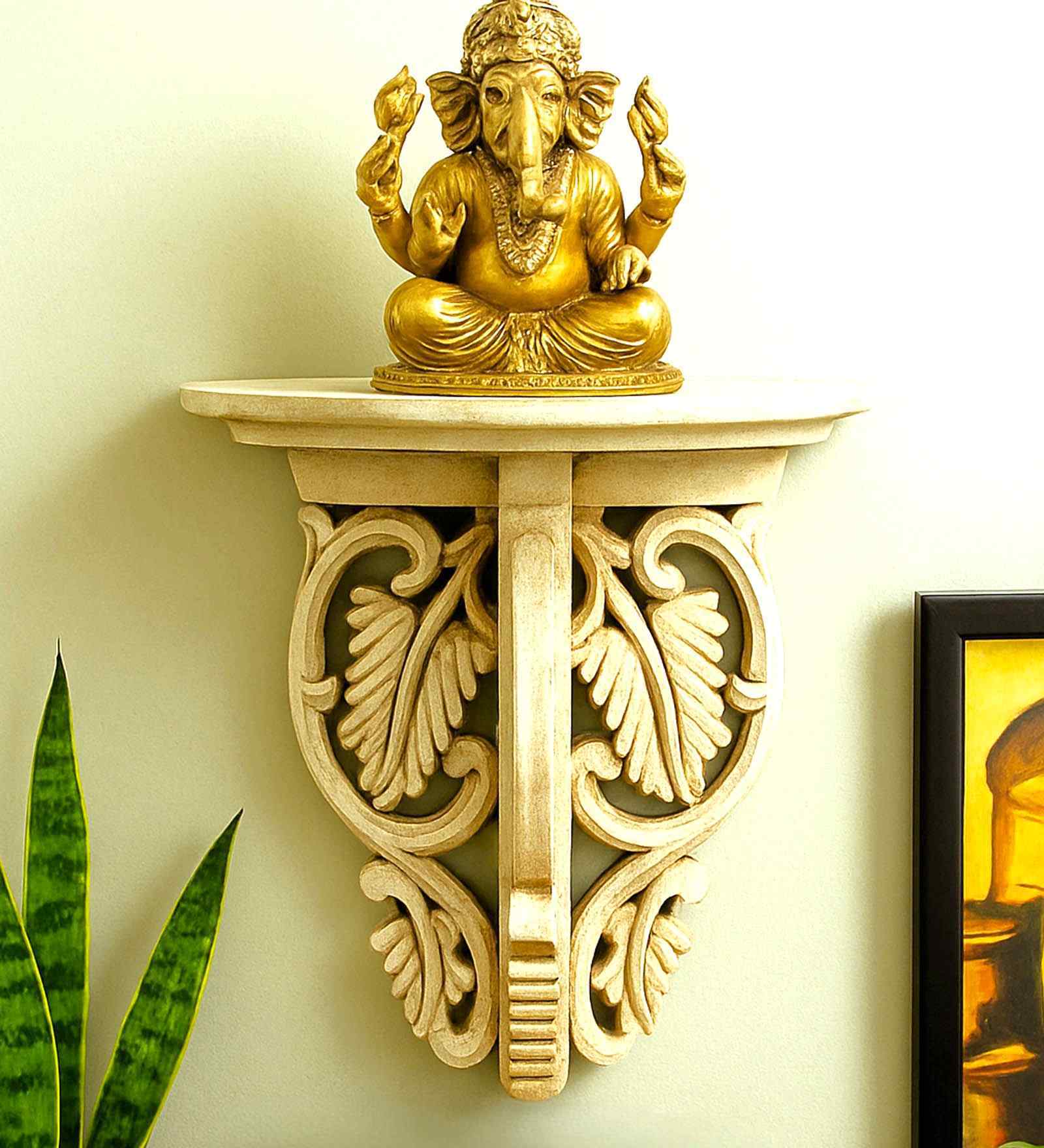 White Colour Rustic Appearance Solid Wood Handcarved Floating Wall Shelf