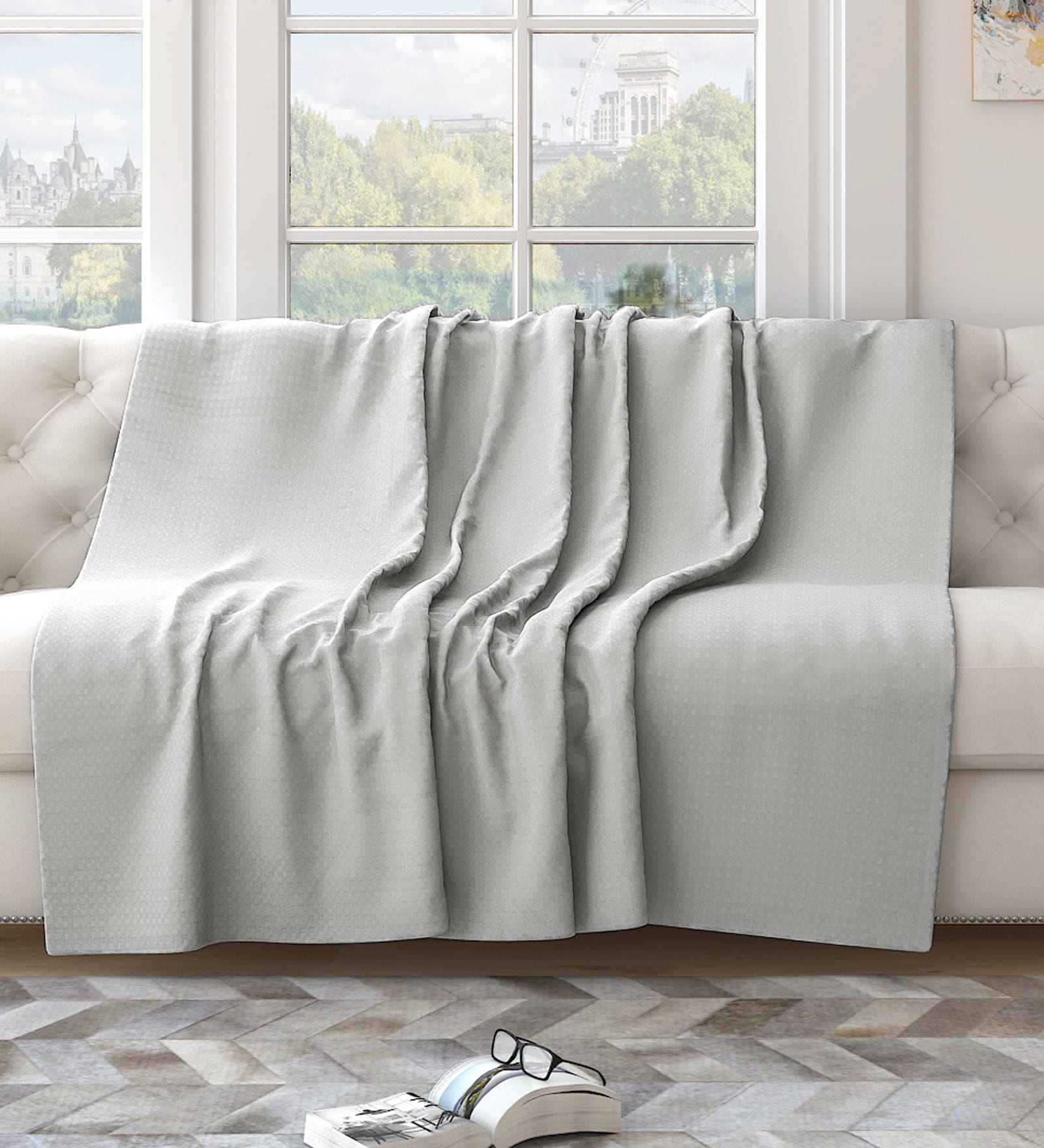 White Cotton Solid 82X55 Inch Waffle Design Throw