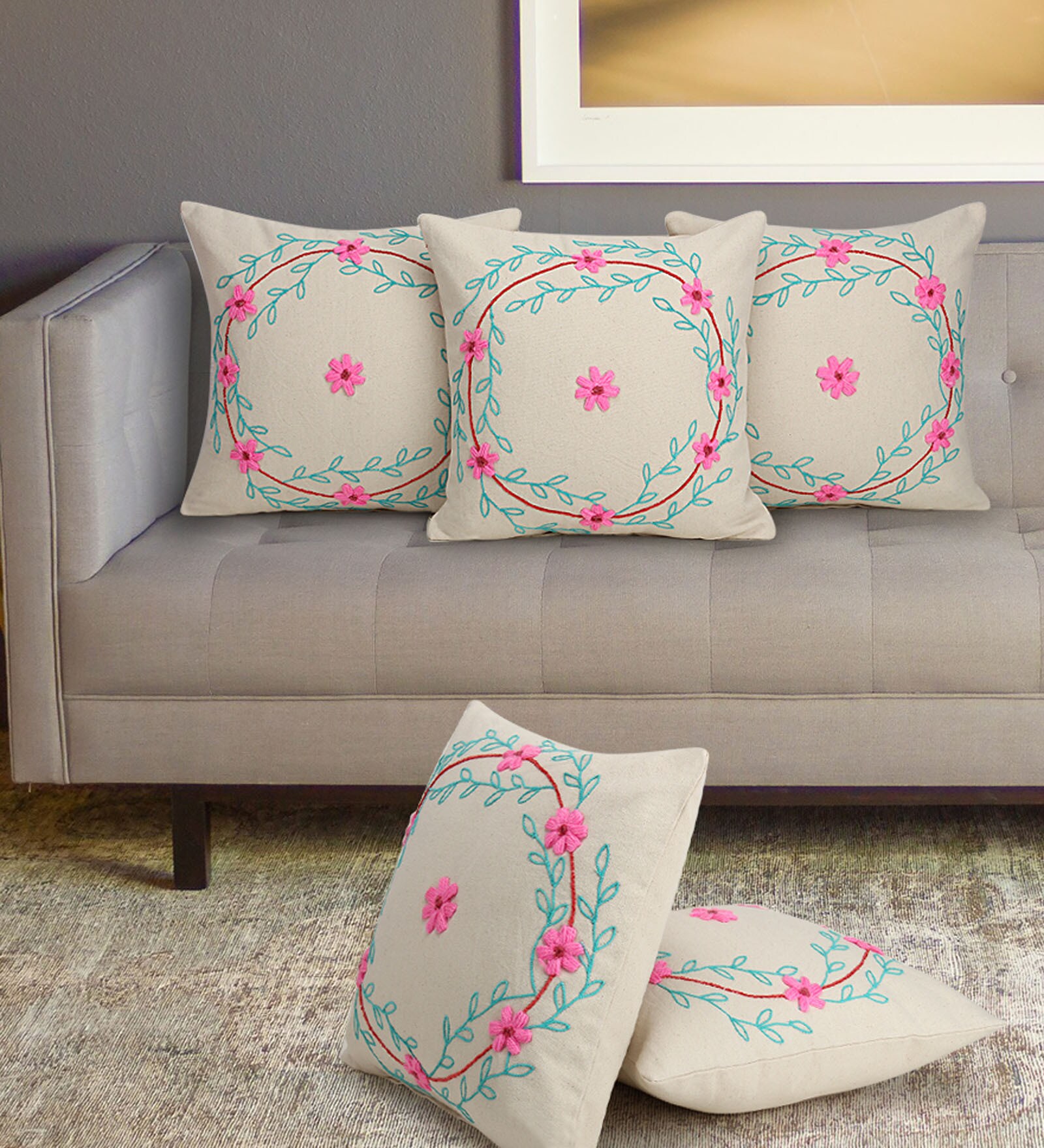 Set of 5 Floral Pattern Cotton White Cushion Covers 16 x 16 inches