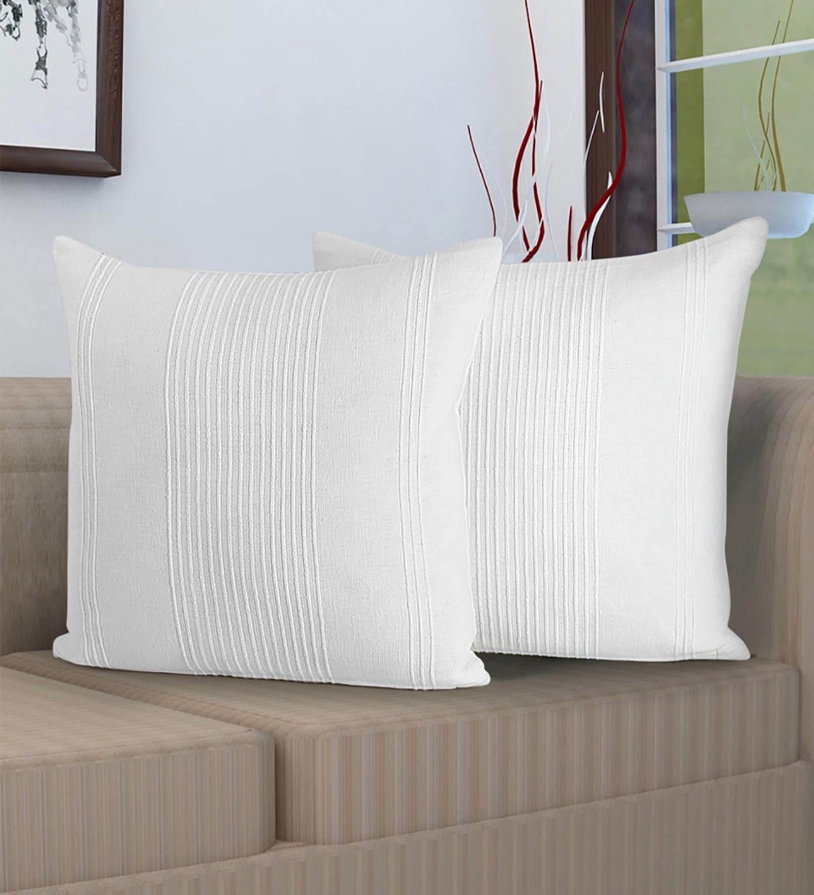 Set of 2 Solid Pattern Cotton White Cushion Covers 16 x 16 inches