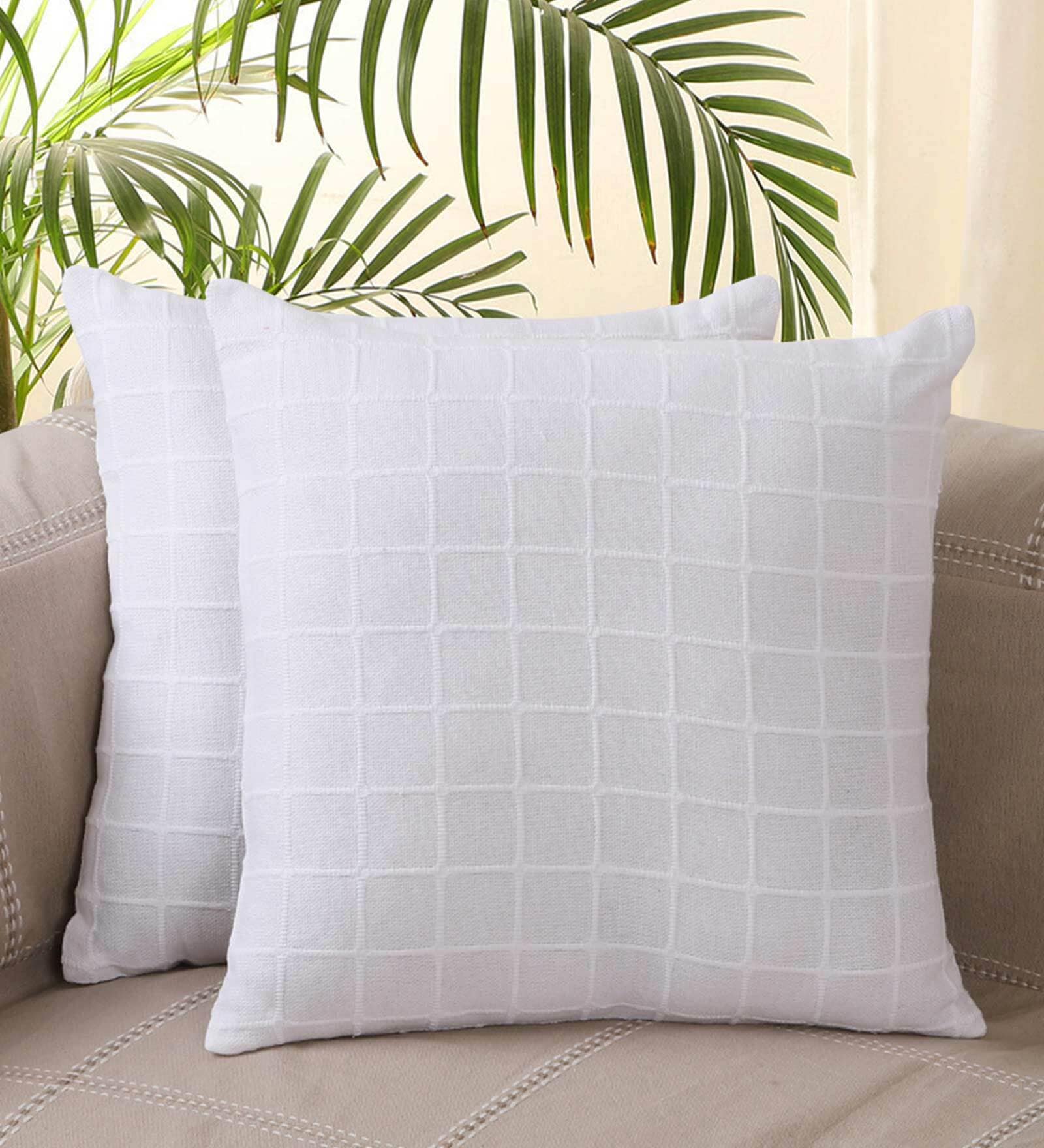 White Geometric Cotton 16 x 16 Inches Cushion Covers (Set of 2)
