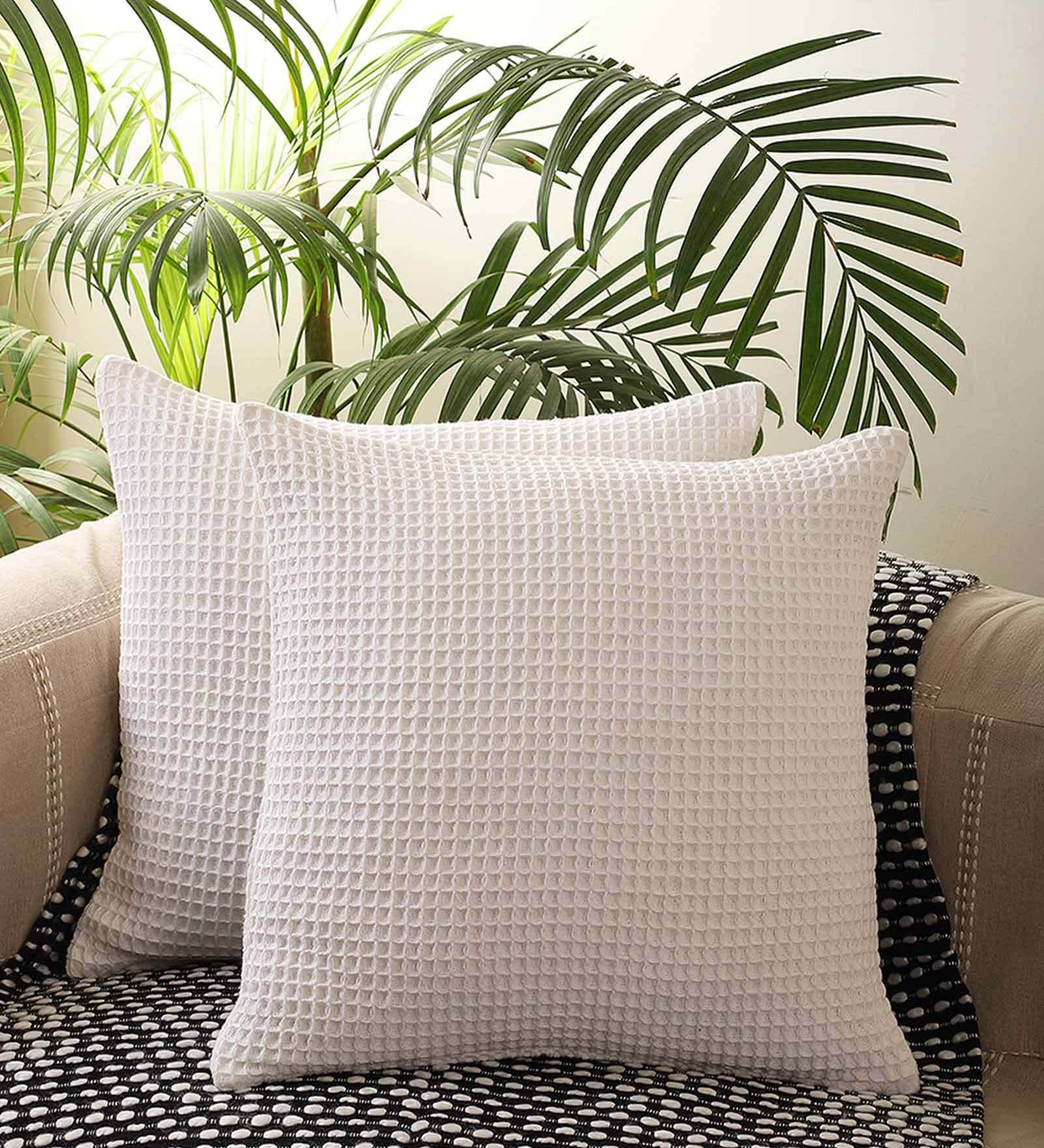 White Textured Geometric Cotton 18 x 18 Inch Cushion Covers (Set of 2)