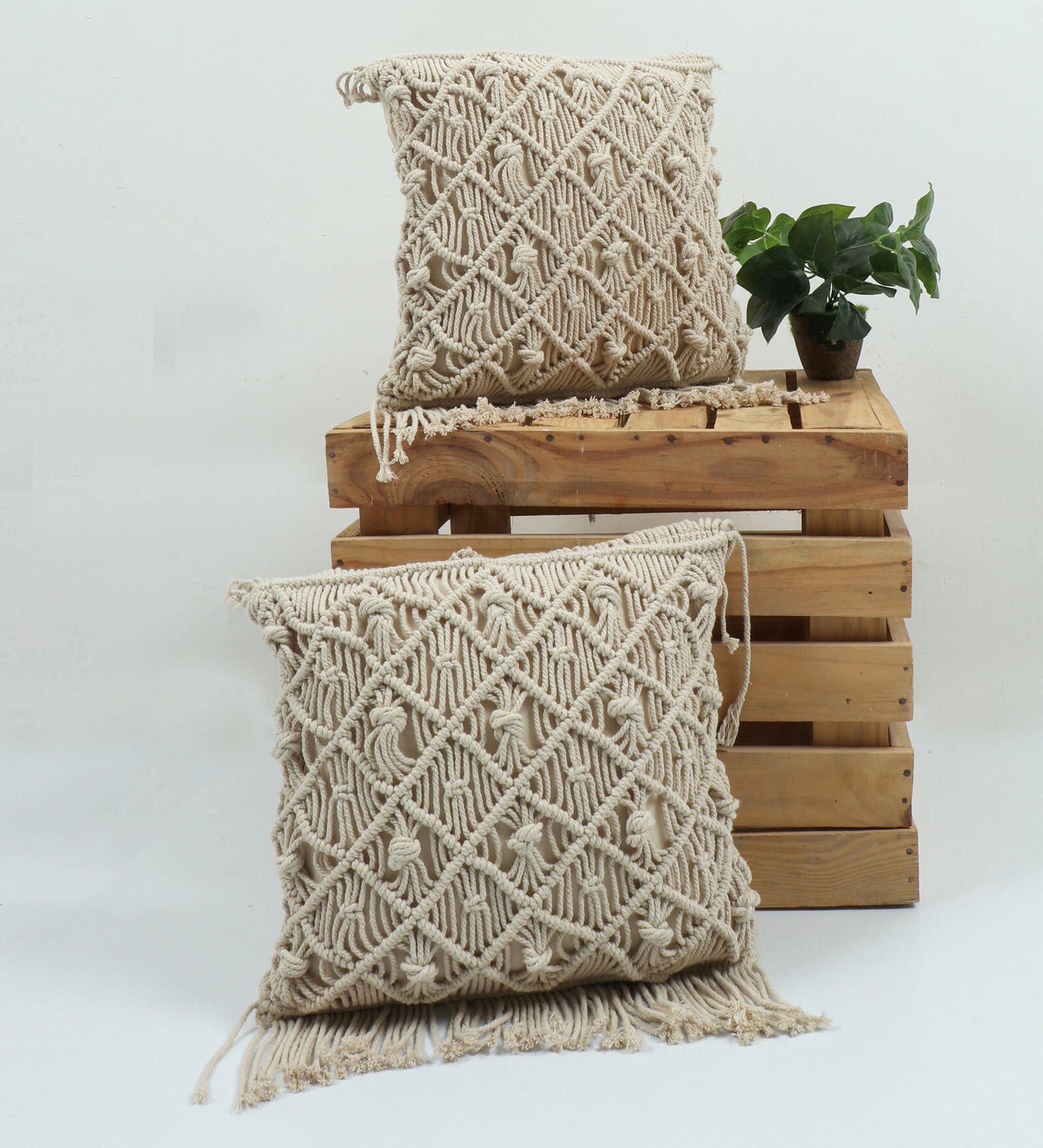 Cream Woven Macrame Handmade Knitted 16 x 16 Inches Cushion Covers (Pack of 2)