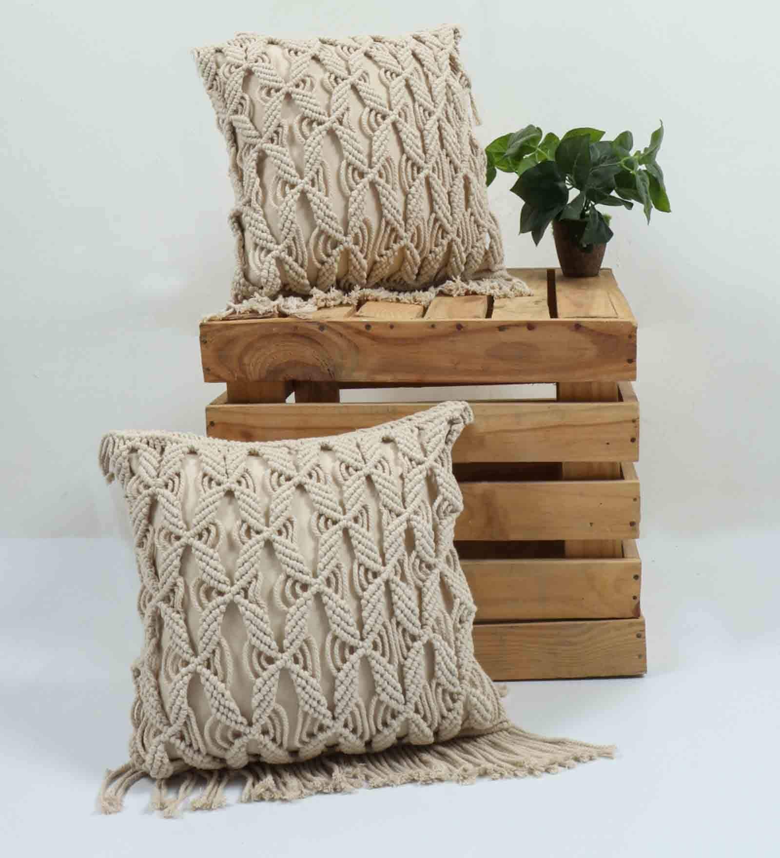 Cream Woven Macrame Handmade Knitted 16 x 16 Inches Cushion Covers (Set of 2)
