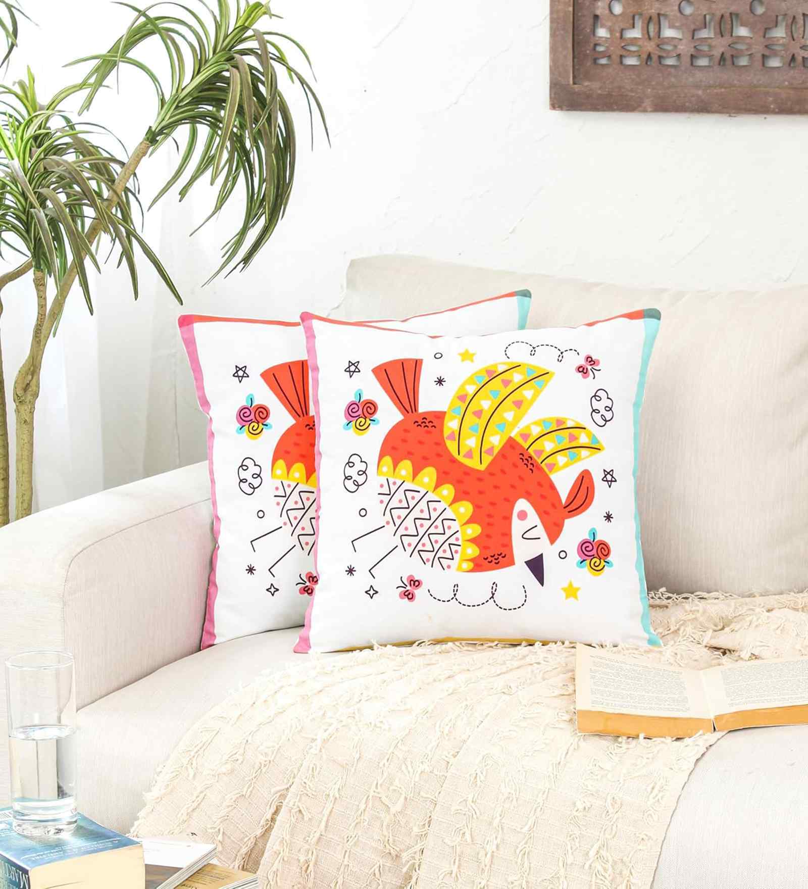 White Cotton Abstract 16x16 inches Cushion Cover Set of 2