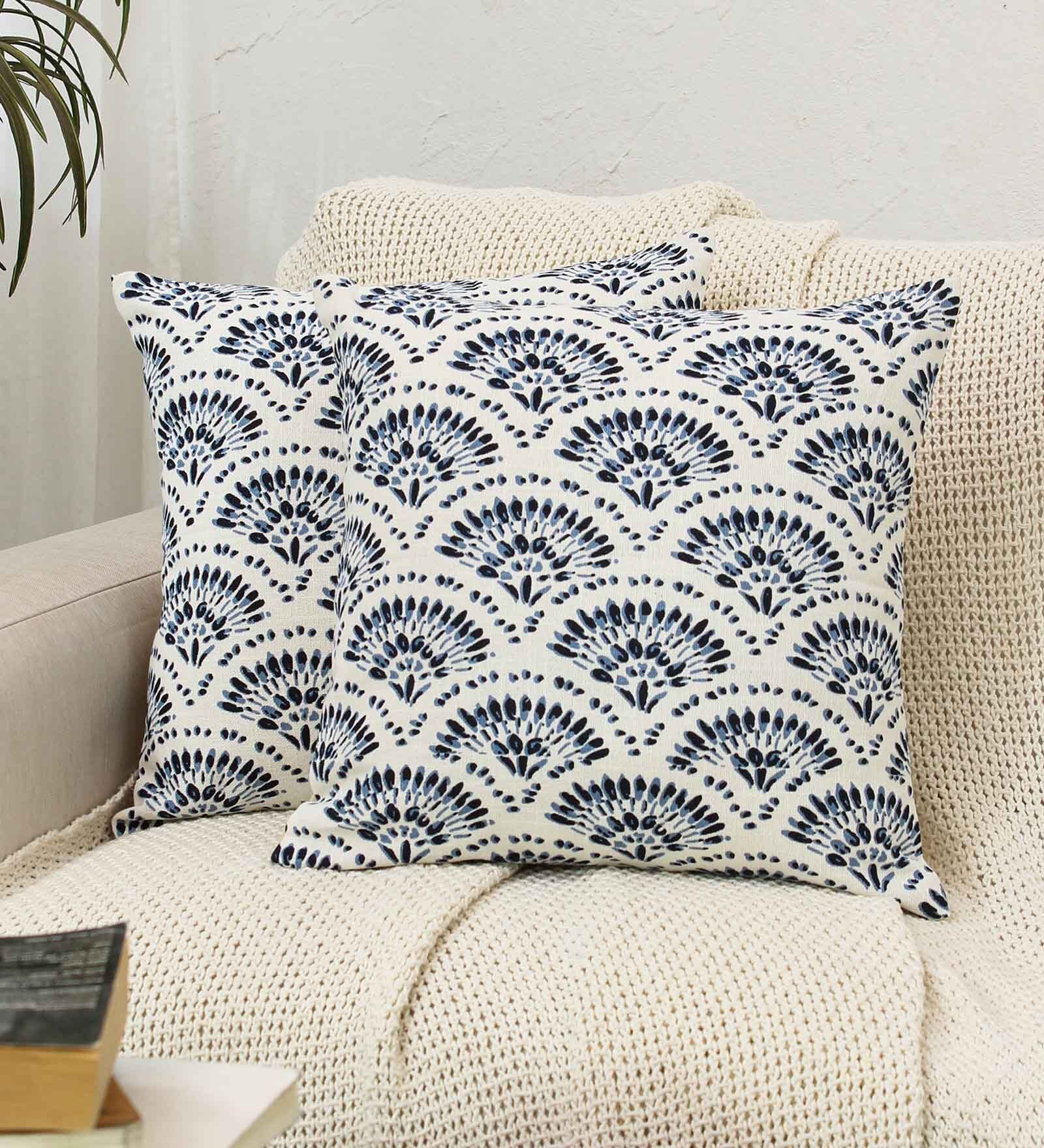 White Cotton Abstract 16x16 inches Cushion Covers (Pack of 2)