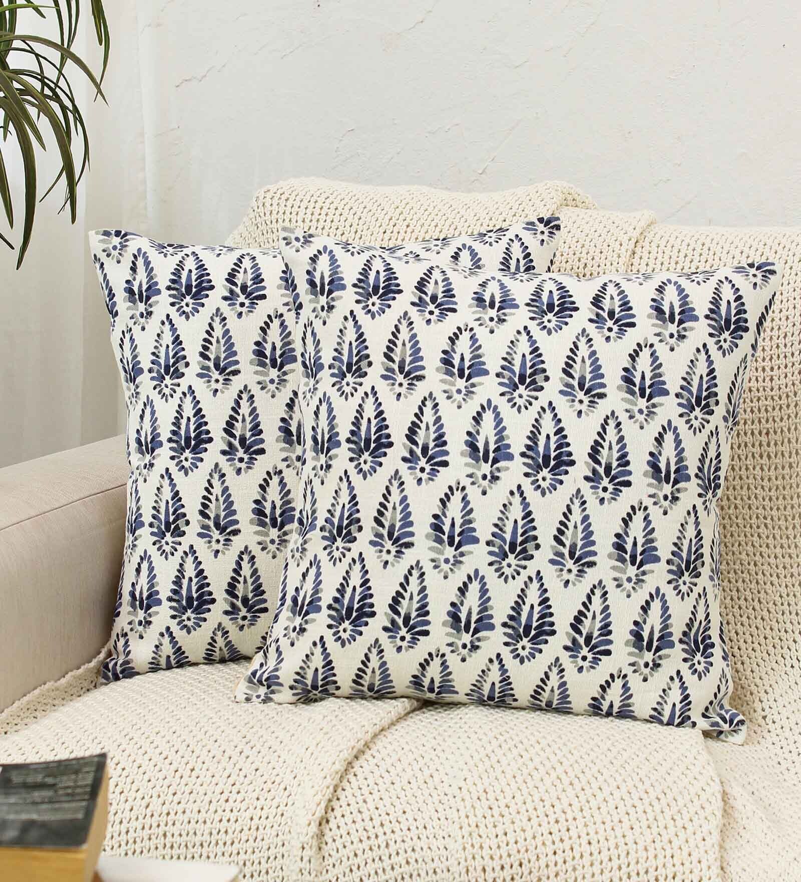 White Cotton Abstract 18x18 inches Cushion Covers (Pack of 2)