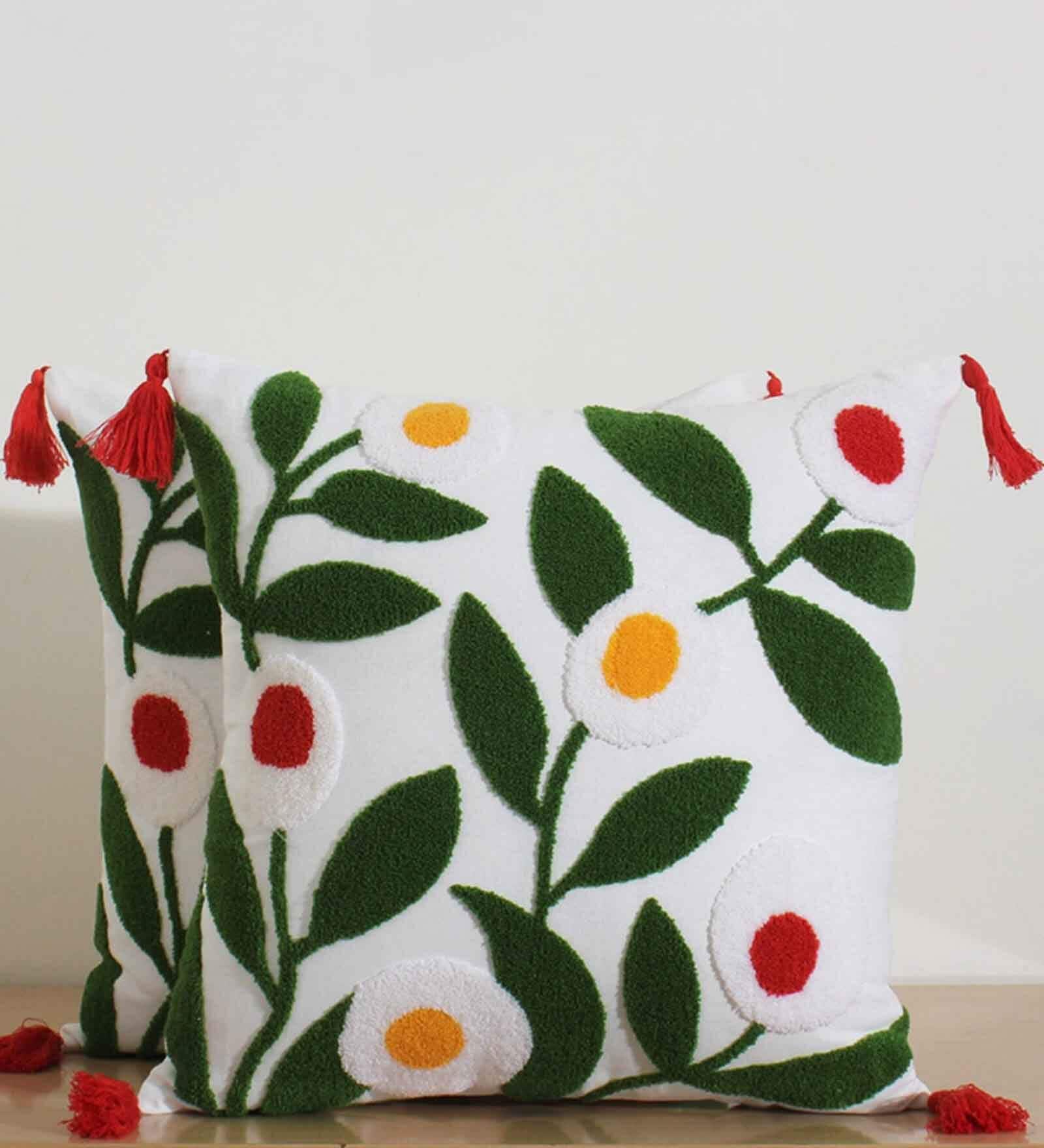 White Cotton Floral Textured 18x18 inches Cushion Covers (Set of 2)