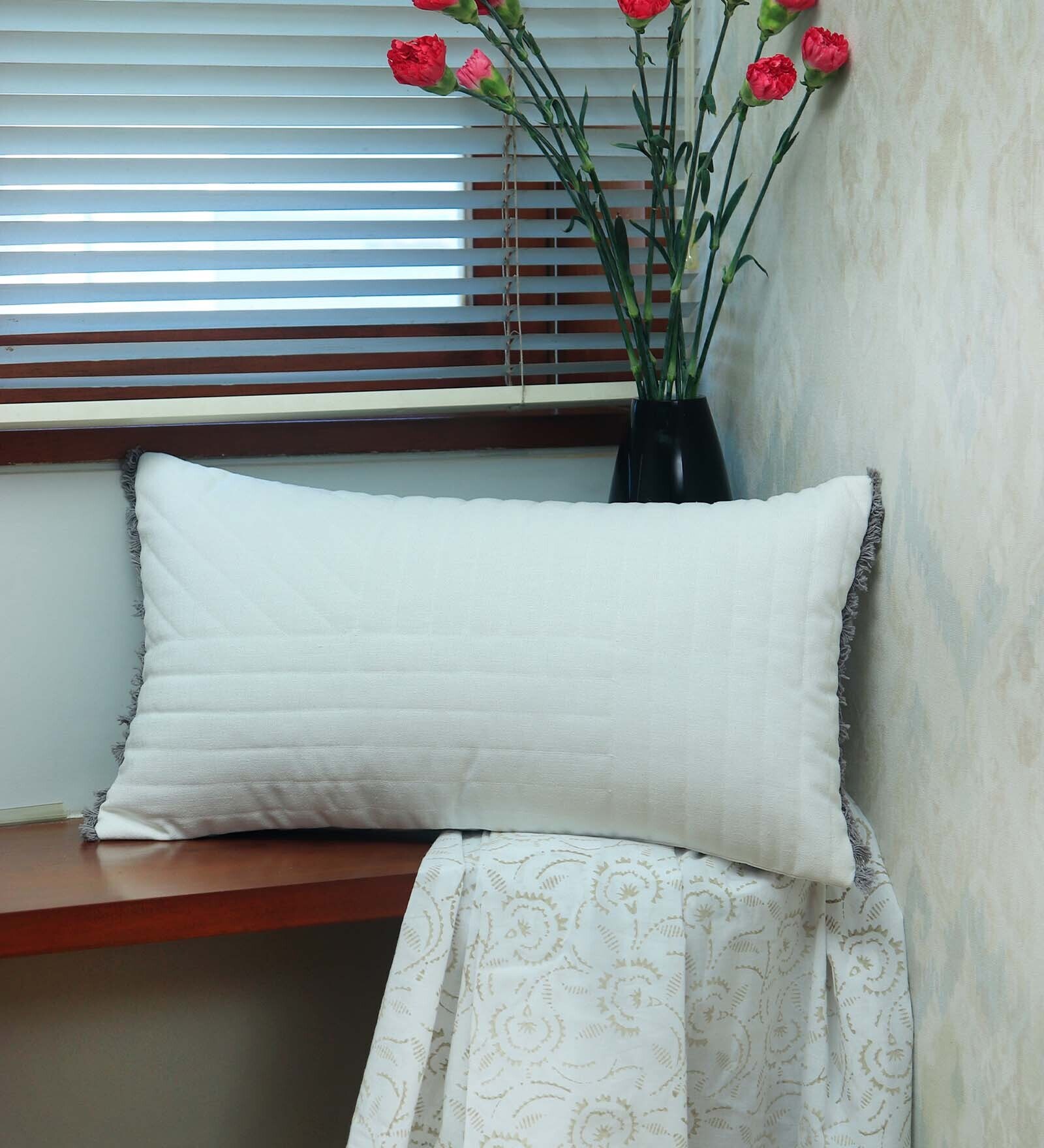 White Textured Cotton Blend 22 x 12 Inches Cushion Cover