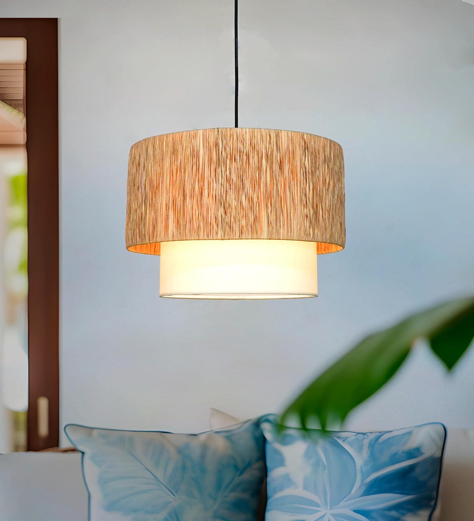 White Cotton Fabric Drum Hanging Light