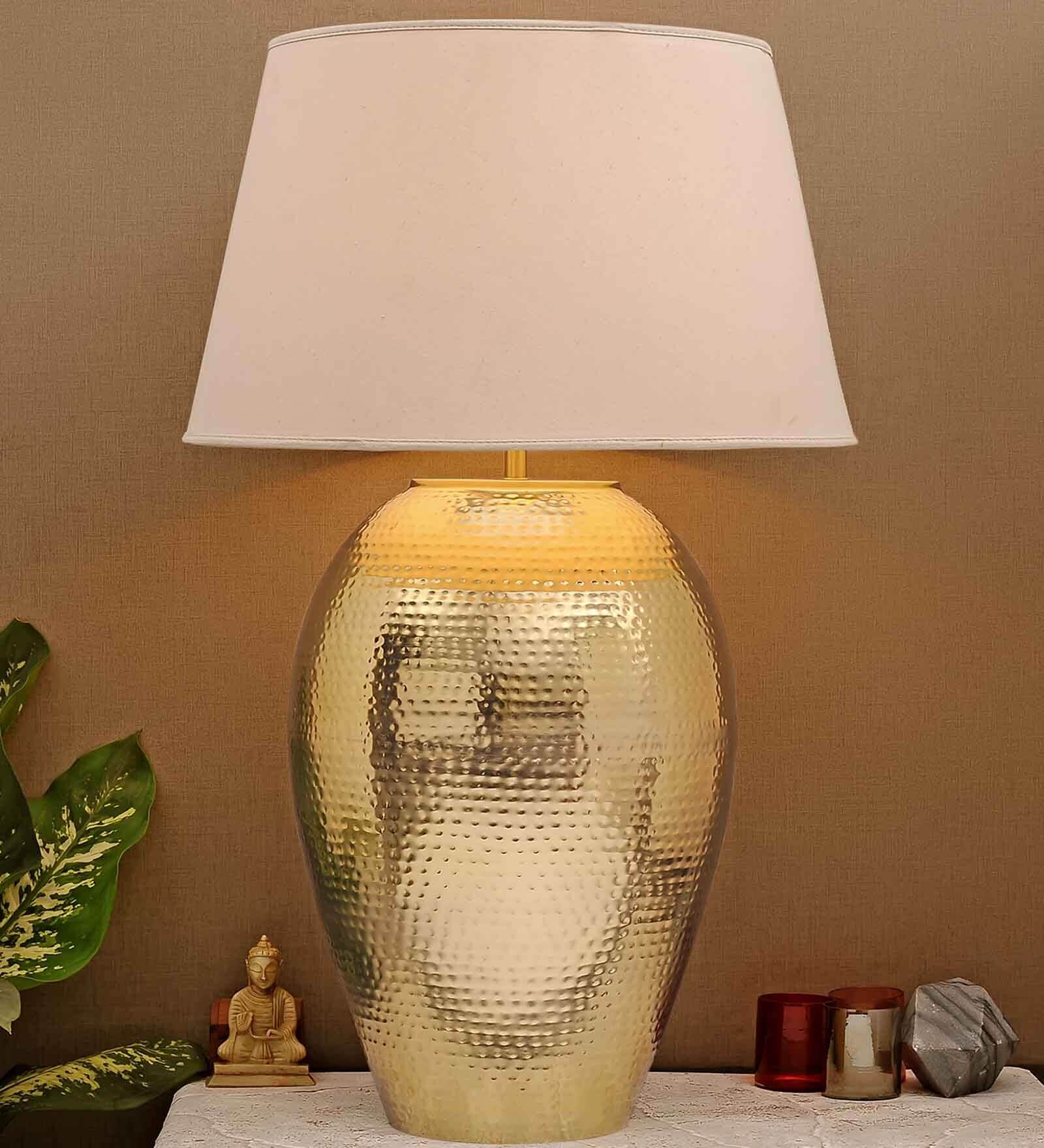 White Cotton Fabric Shade Barossa Tich Pattern Huge Size Brass Table Lamp With Brass Base