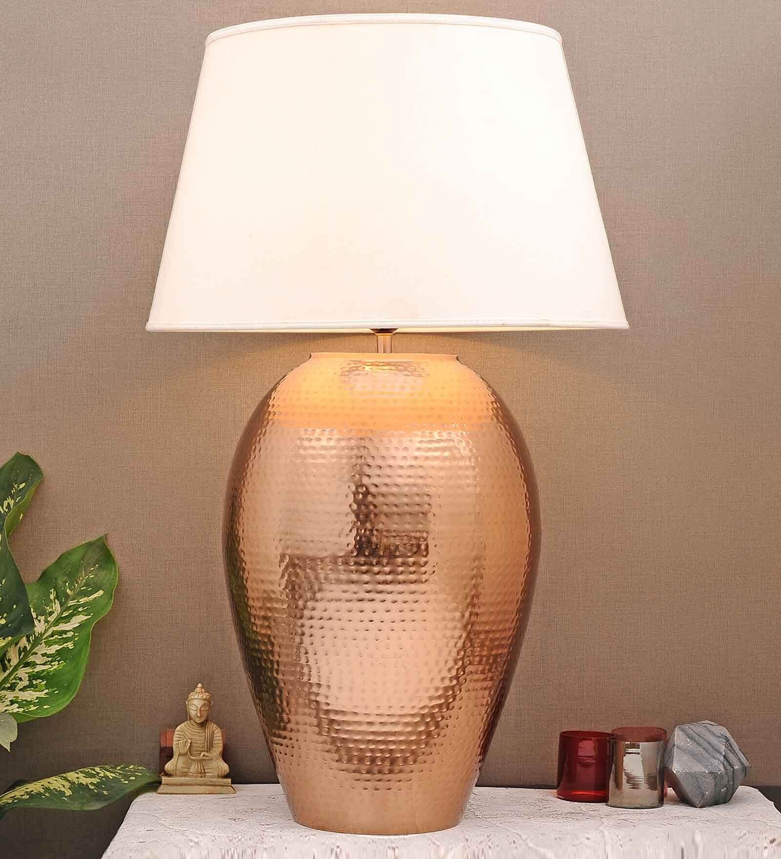 White Cotton Fabric Shade Barossa Tich Pattern Huge Size Copper Table Lamp With Copper Base