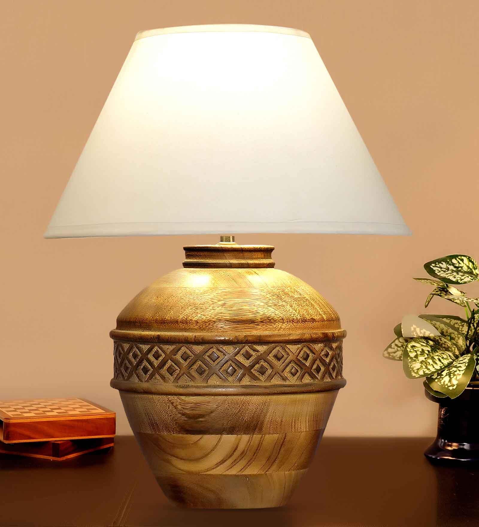 White Cotton Fabric Shade Cromwell Large Natural Carved Wood Table Lamp With Brown Base
