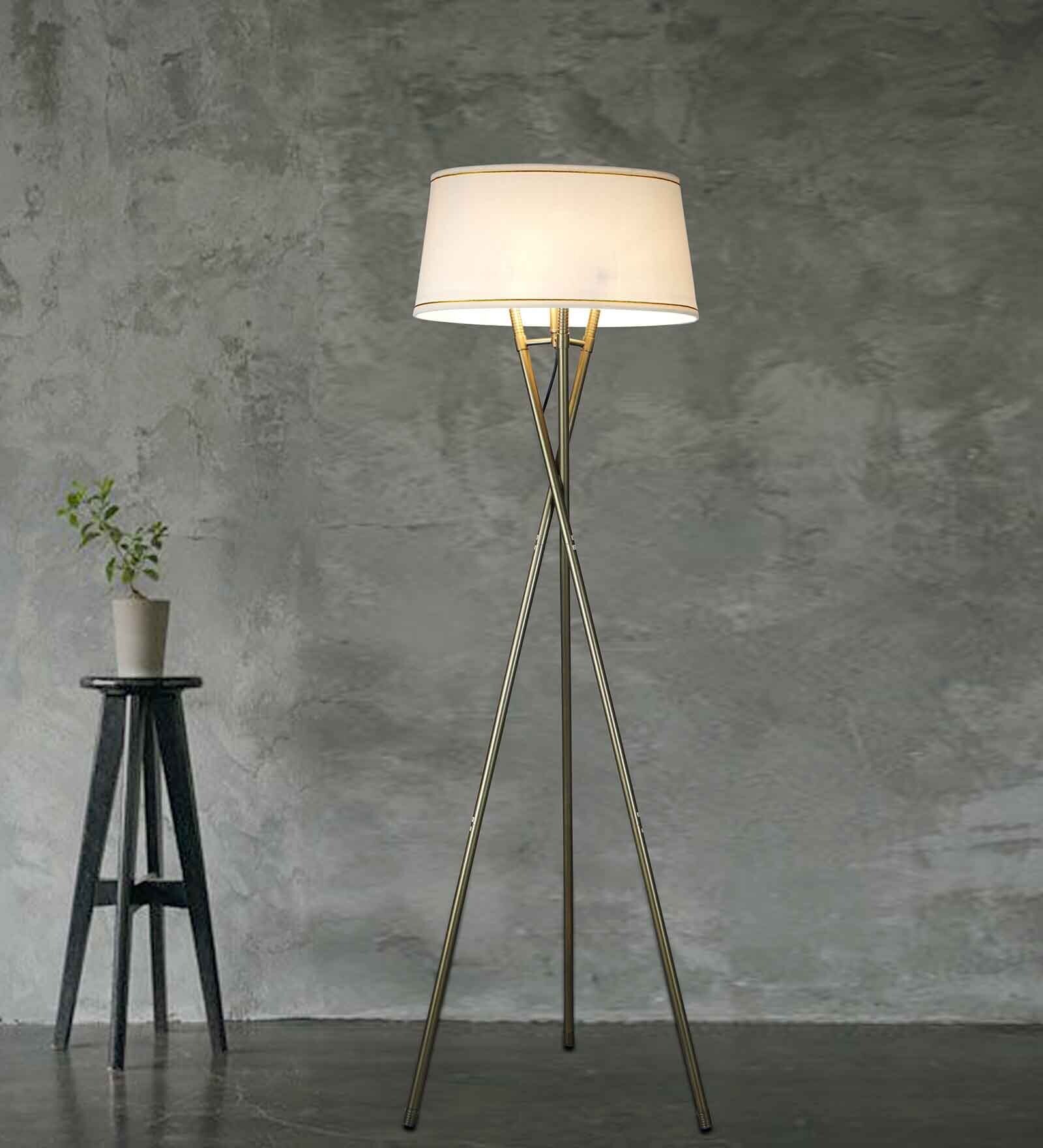 Minimilistic White Cotton Shade Tripod Floor Lamp With Metal Base