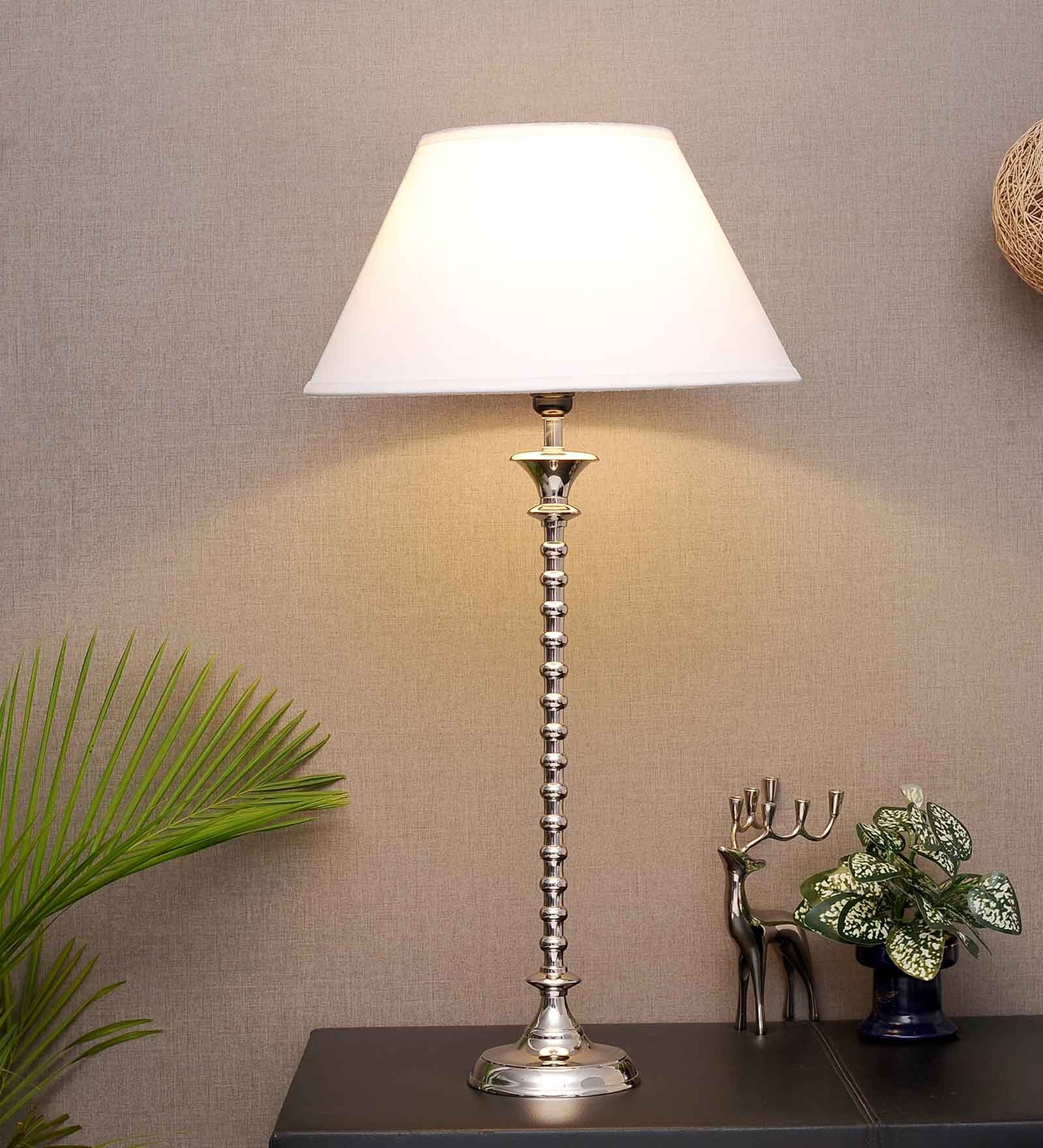Roman White Cotton Shade Night Lamp With Mild Steal Base