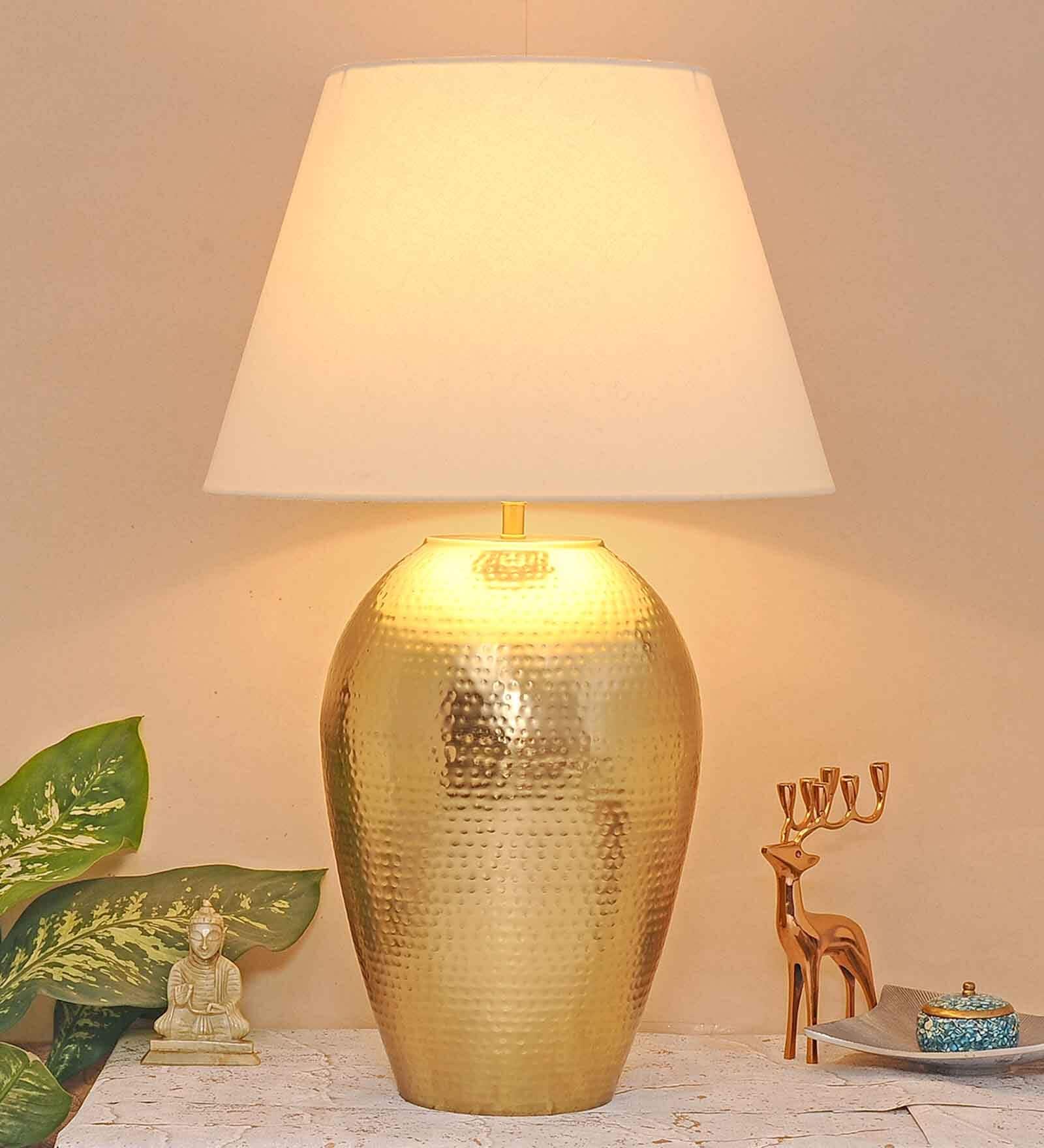 Inverted White Cotton Shade Night Lamp With Mild Steal Base