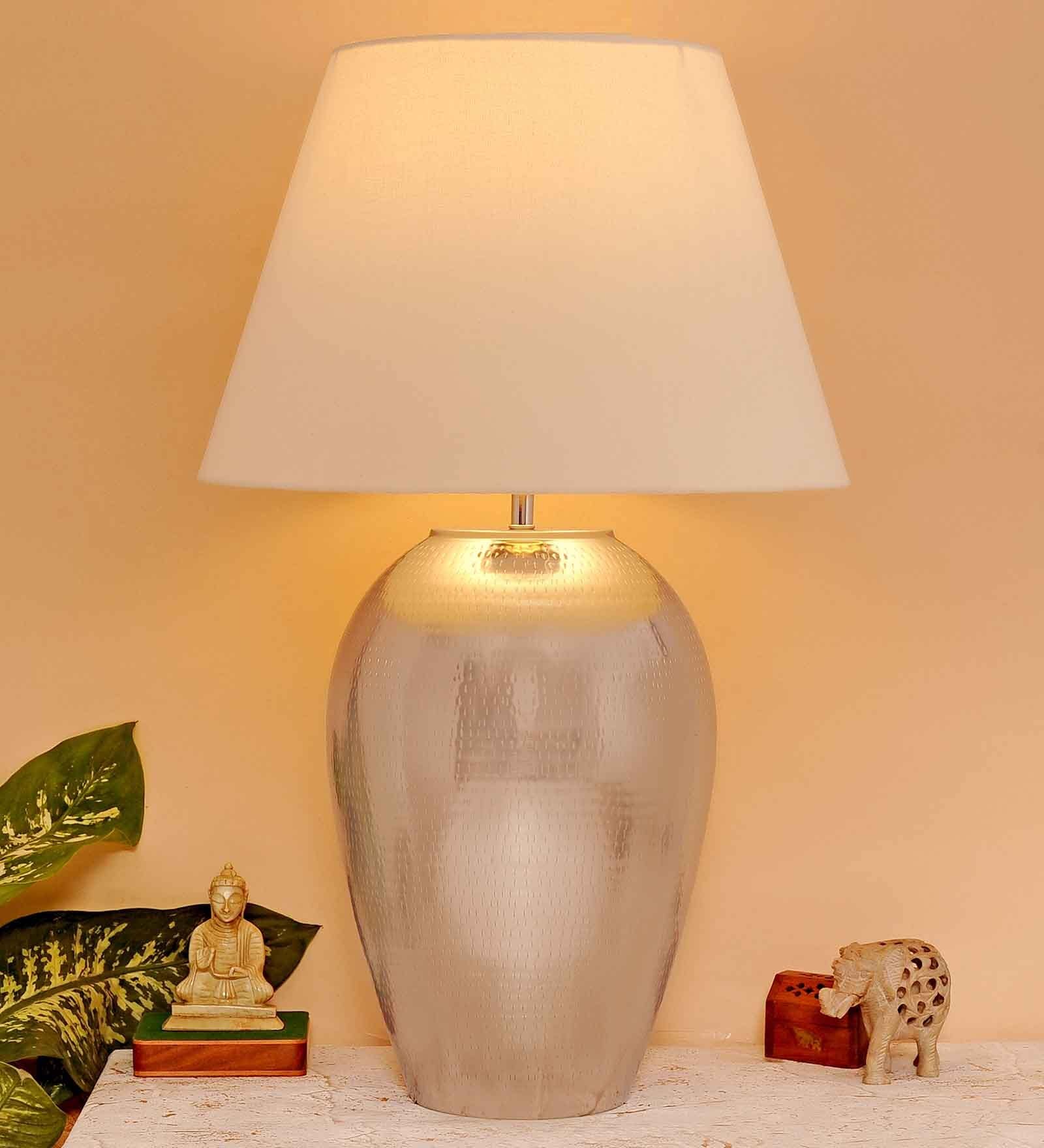 White Cotton Fabric Shade Rickford Tich Pattern Huge Size Table Lamp With Nickel Base