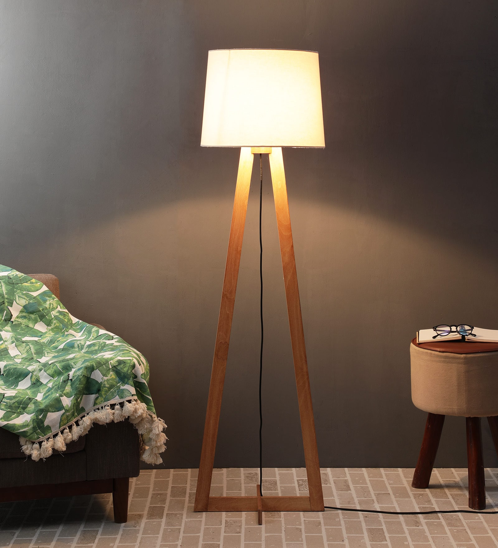 Waitara Beige Fabric Shade Club Floor Lamp With Wood Base