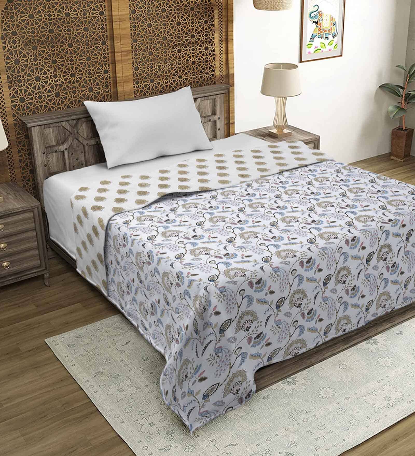 Buy White Cotton Floral 120 GSM 1 Single Bed Dohar by Rajasthan Decor