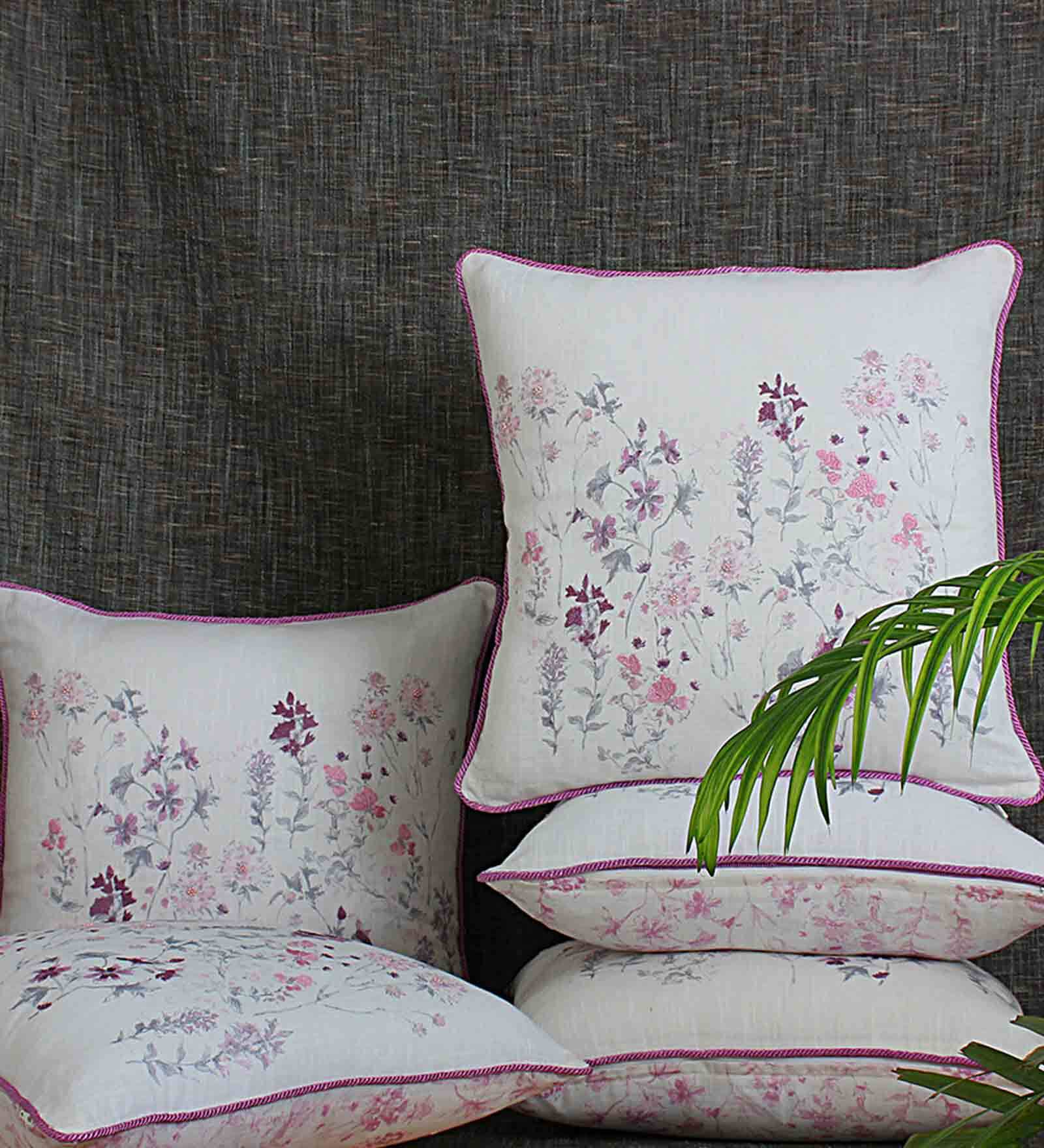 White Floral Cotton 18 x 18 Inches Cushion Covers (Set of 5)