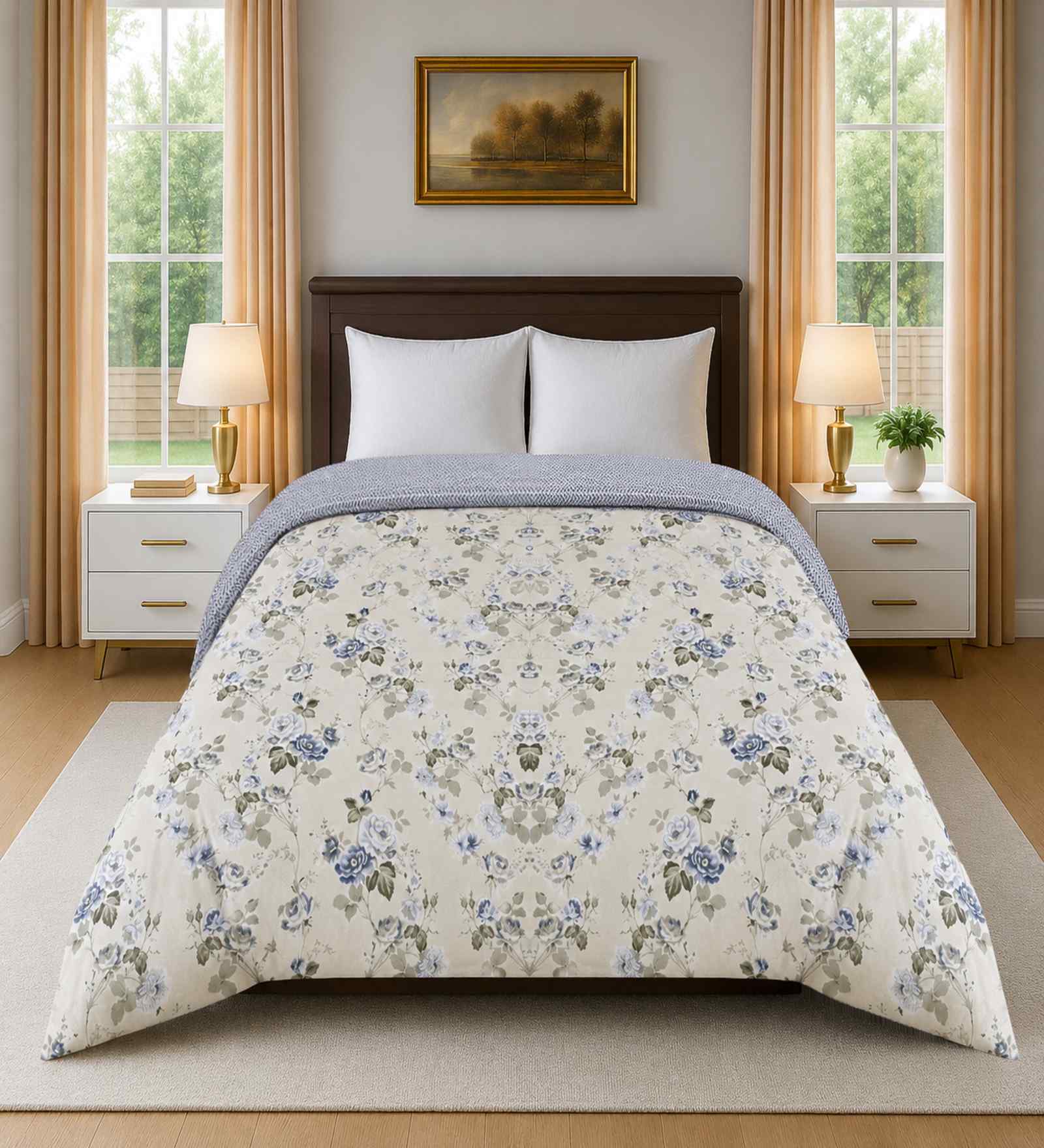 White Cotton Floral 300 Gsm Double Bed Reversible Comforter