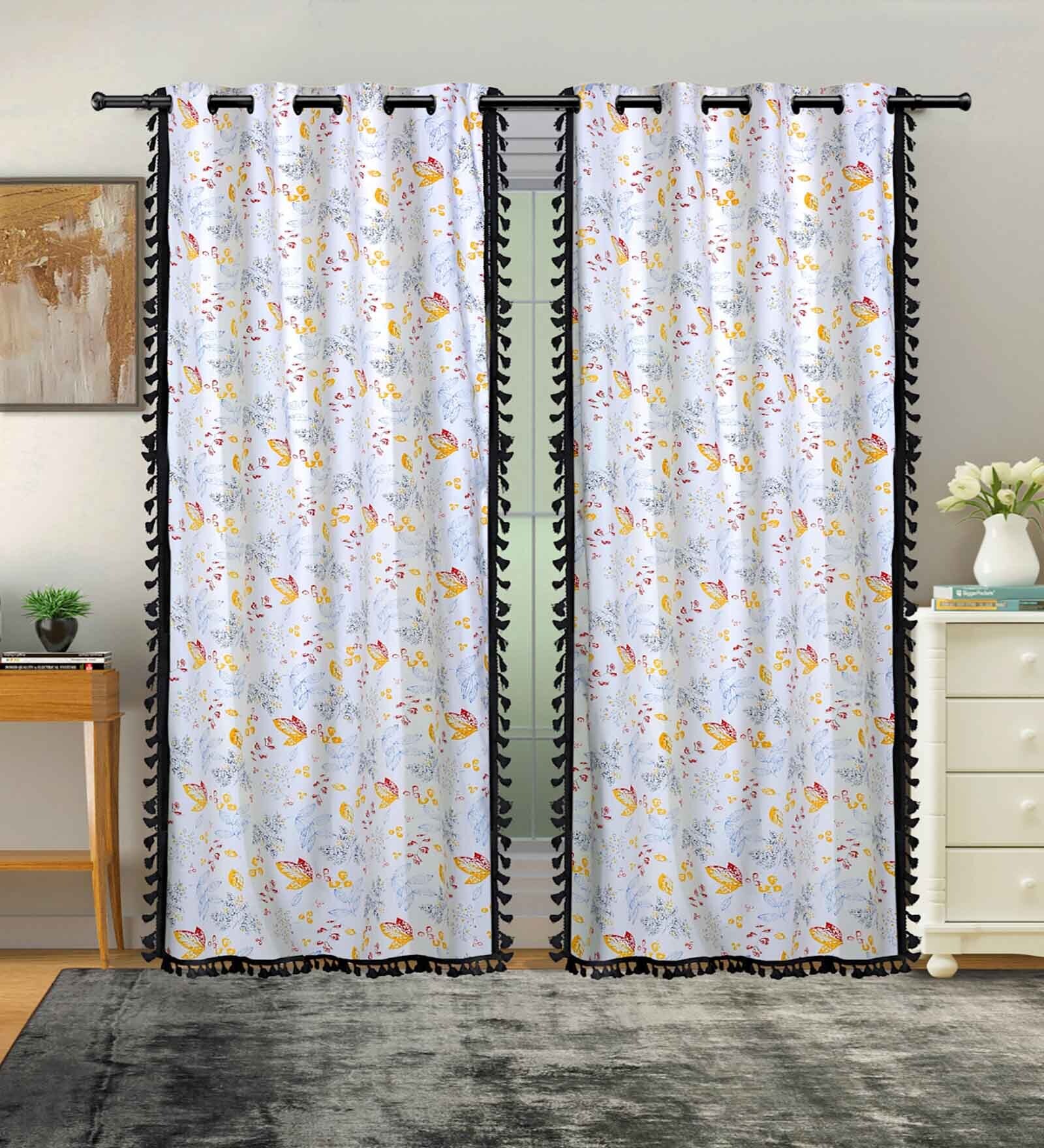 White Cotton Floral 7Ft Light Filtering Eyelet (Set Of 2) Door Curtains