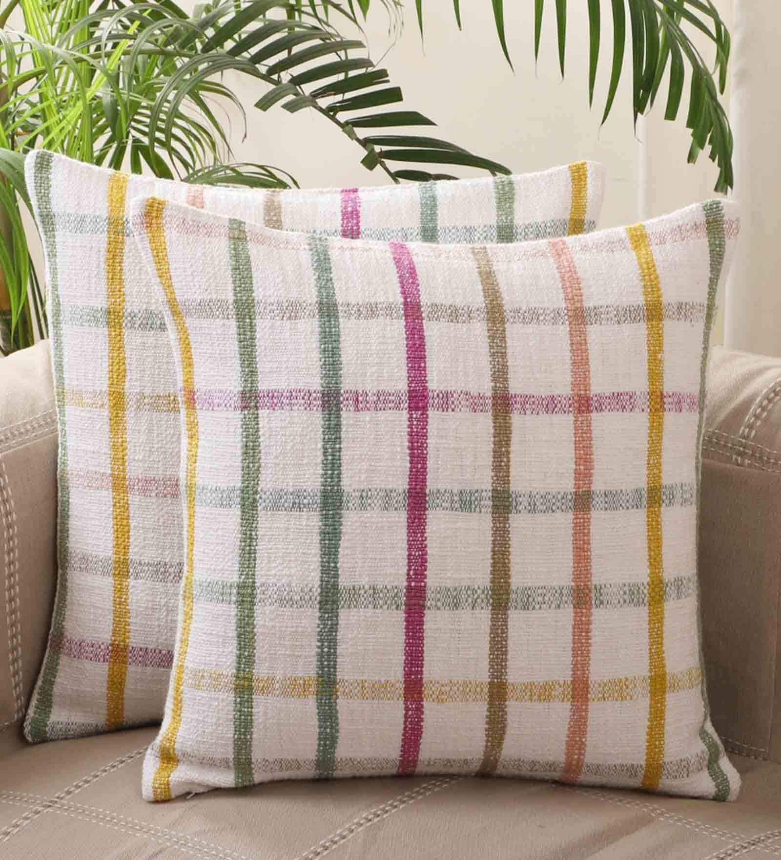 White Geometric Cotton 18 x 18 Inches Cushion Covers (Set of 2)