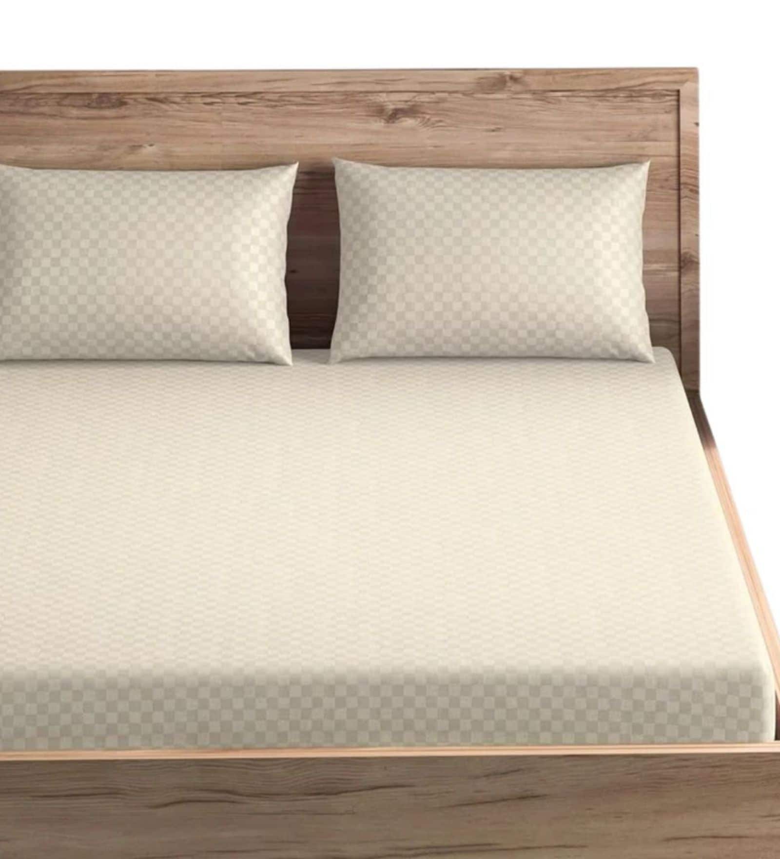 Beige Cotton Jacquard 300TC checked Super King Bedsheet with 2 Pillow Covers