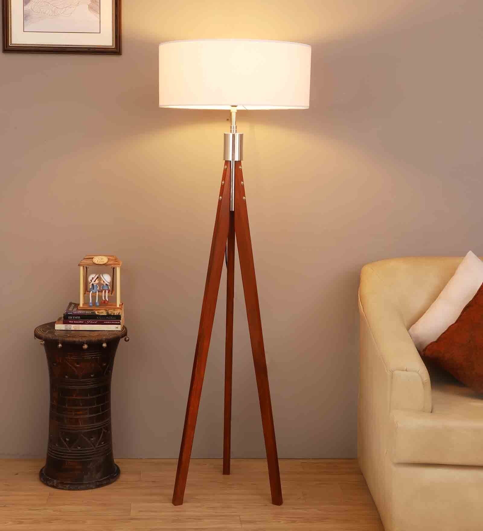 White Cotton Shade Tripod Floor Lamp With MDF Base