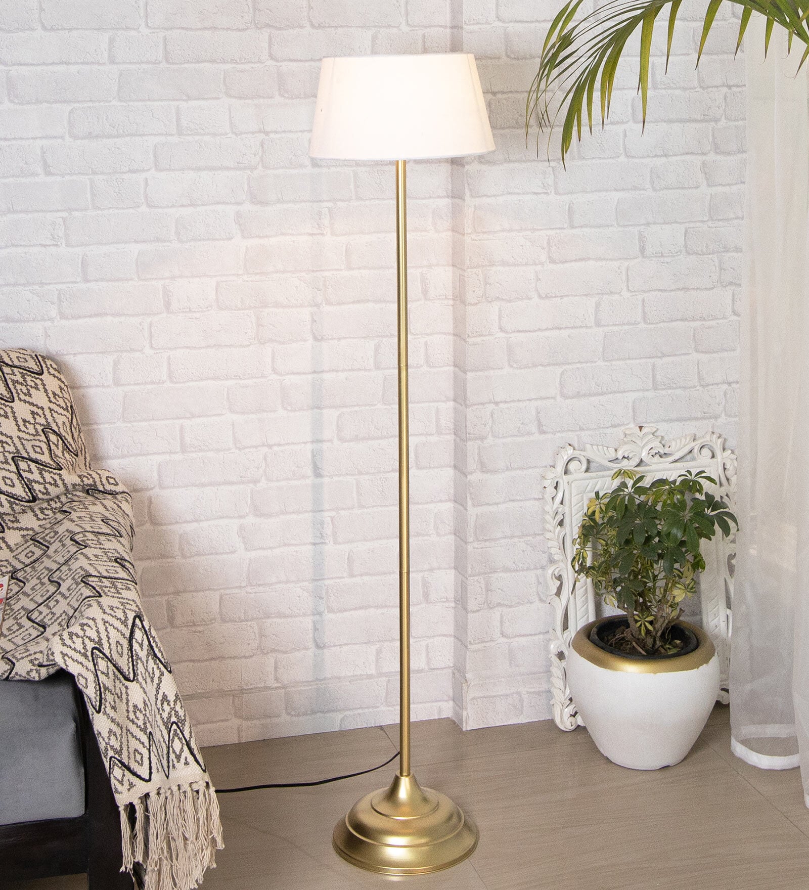 Greno White Cotton Shade Club Floor Lamp With Metal Base